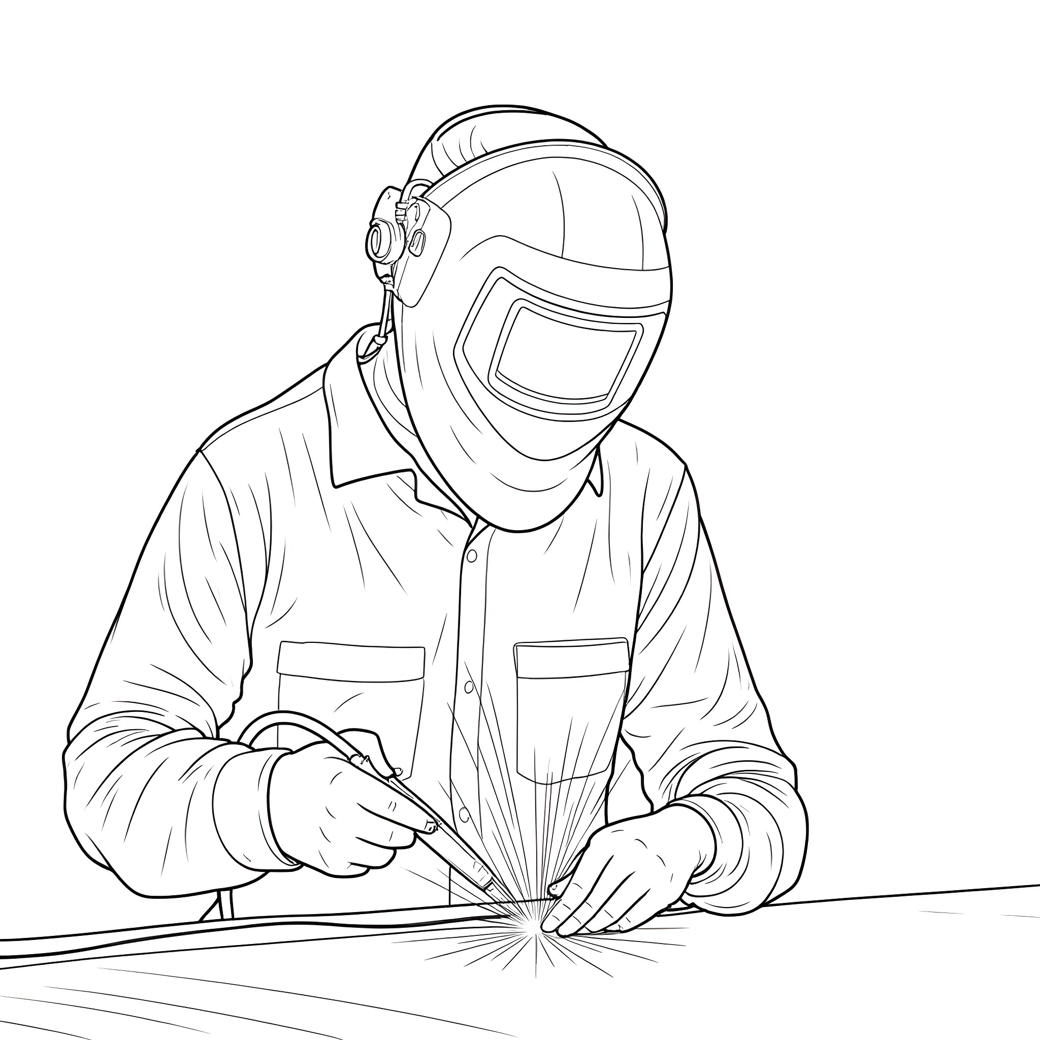 Weld worker focused on metalwork Coloring Page (free black-and-white line drawing printable PDF for all, from beginners to advanced learners, including children, teens, adults, and seniors)