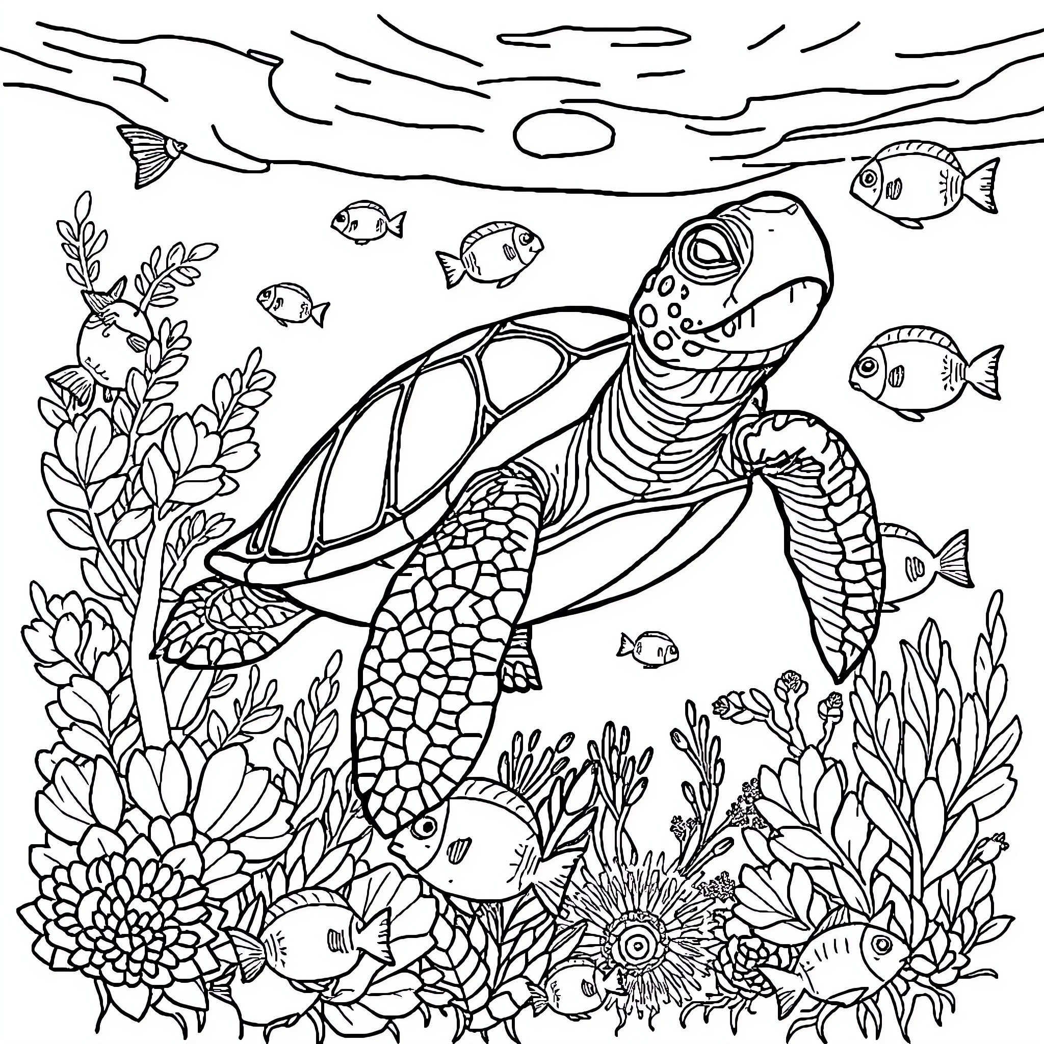 Turtle swimming among colorful sea creatures Coloring Page (free black-and-white line drawing printable PDF for all, from beginners to advanced learners, including children, teens, adults, and seniors)