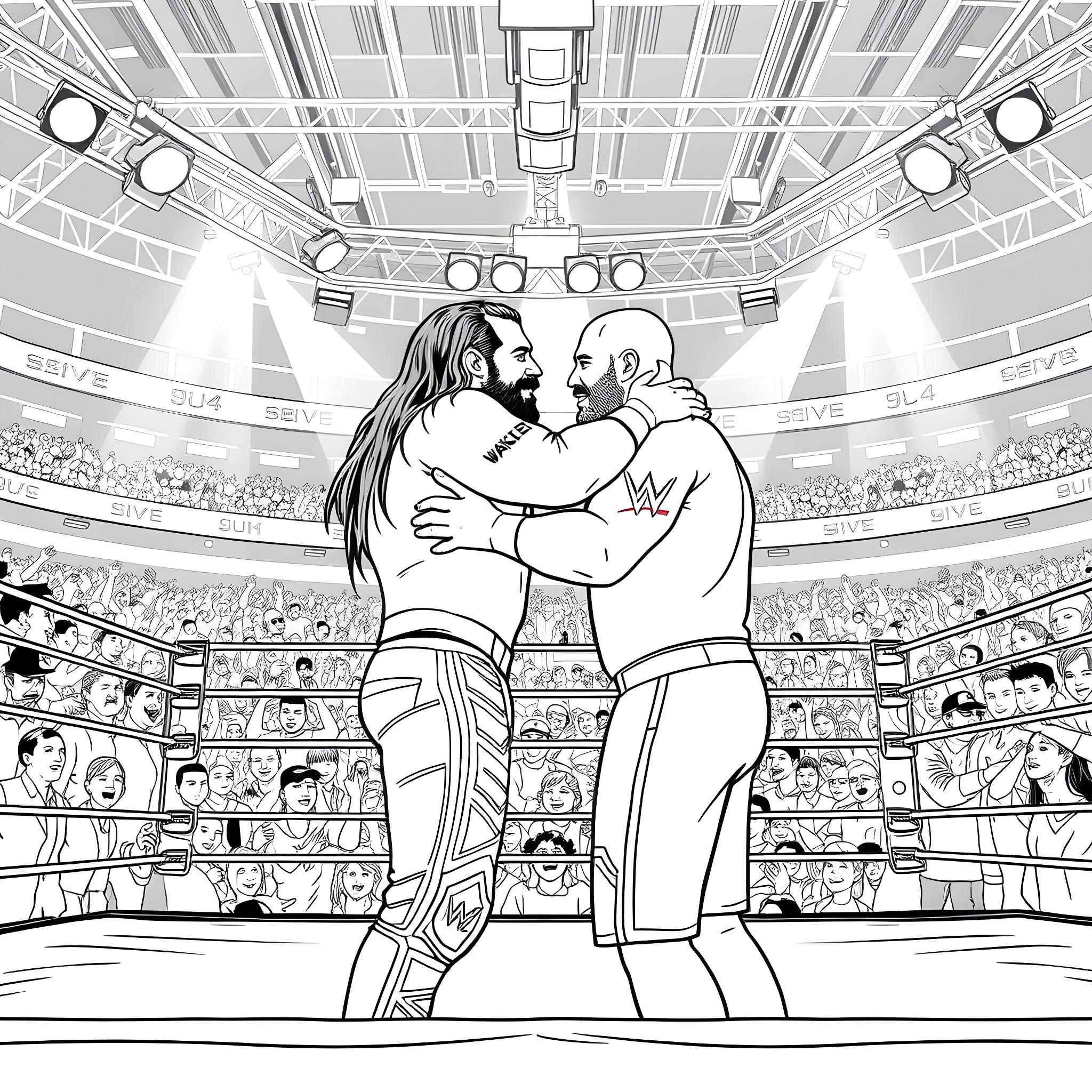 Wrestler locked in intense match on stage Coloring Page (free black-and-white line drawing printable PDF for all, from beginners to advanced learners, including children, teens, adults, and seniors)