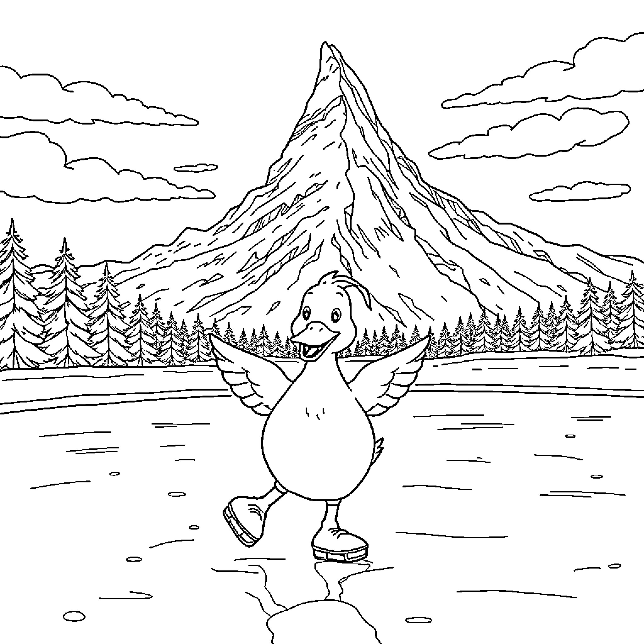 Duck happily ice skating in snowy mountain landscape Coloring Page (free black-and-white line drawing printable PDF for all, from beginners to advanced learners, including children, teens, adults, and seniors)