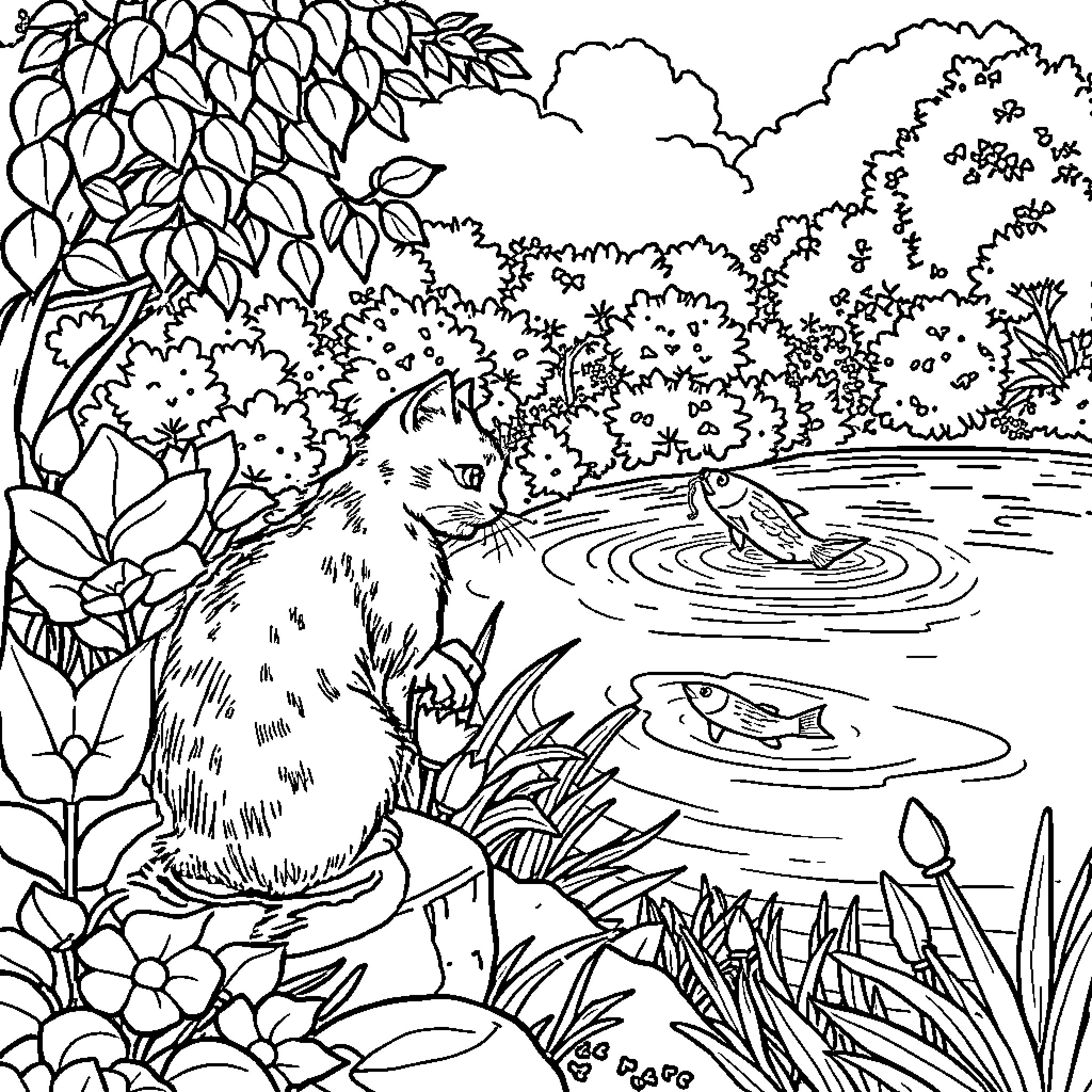 Gato exploring the tranquil pond amid lush vegetation Coloring Page (free black-and-white line drawing printable PDF for all, from beginners to advanced learners, including children, teens, adults, and seniors)