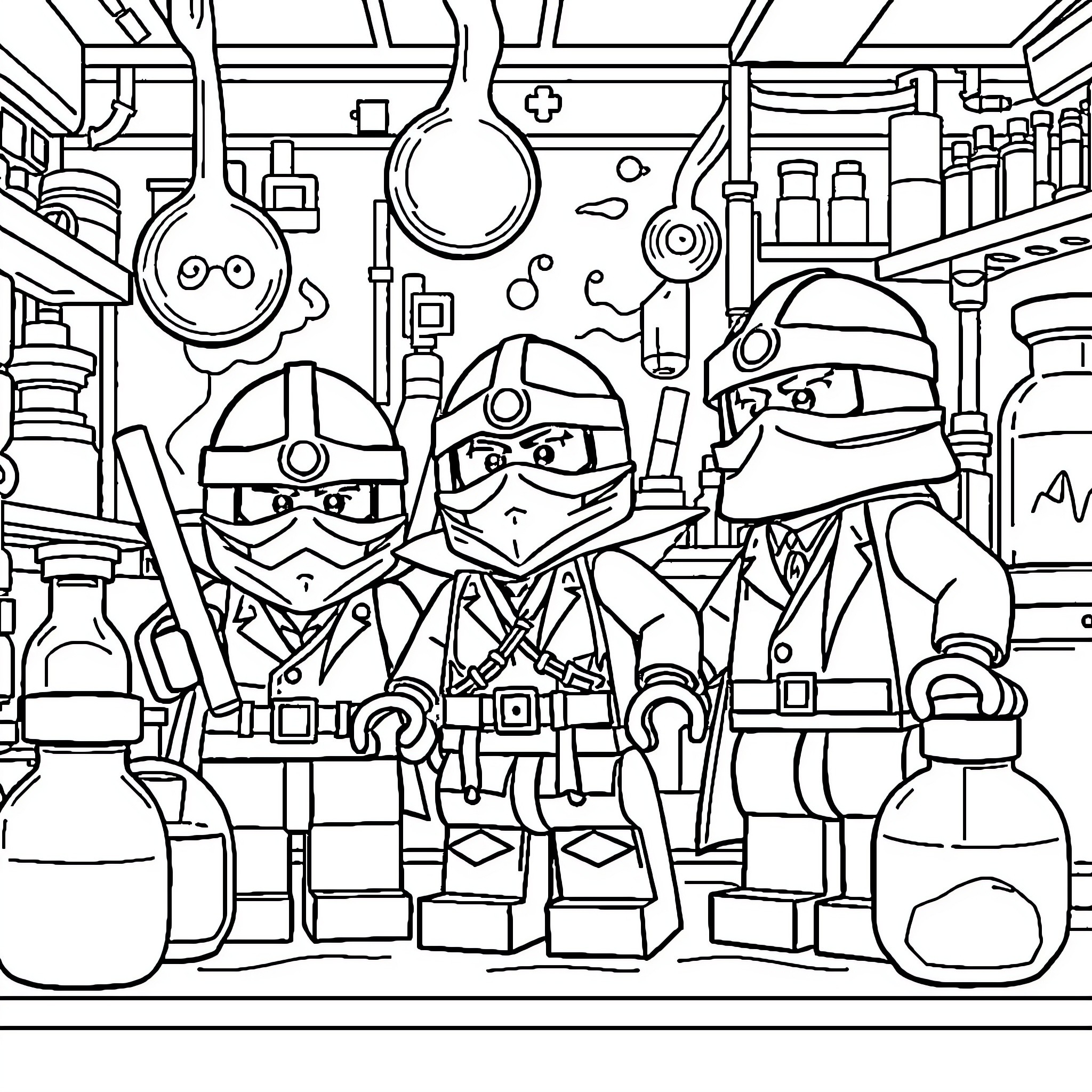 Ninjago Ninjas on a Mysterious Mission Coloring Page (free black-and-white line drawing printable PDF for all, from beginners to advanced learners, including children, teens, adults, and seniors)