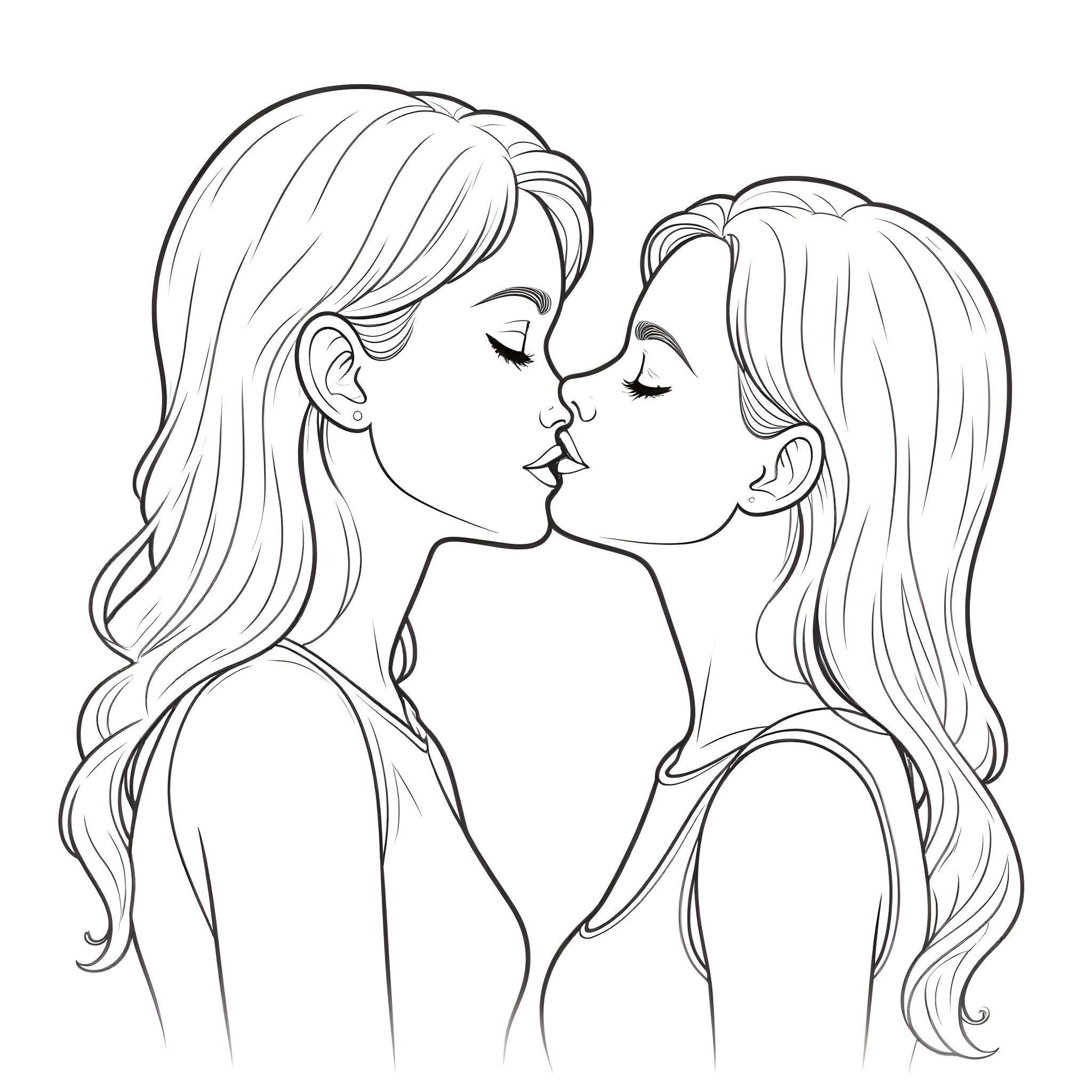 Women sharing an intimate moment Coloring Page (free black-and-white line drawing printable PDF for all, from beginners to advanced learners, including children, teens, adults, and seniors)
