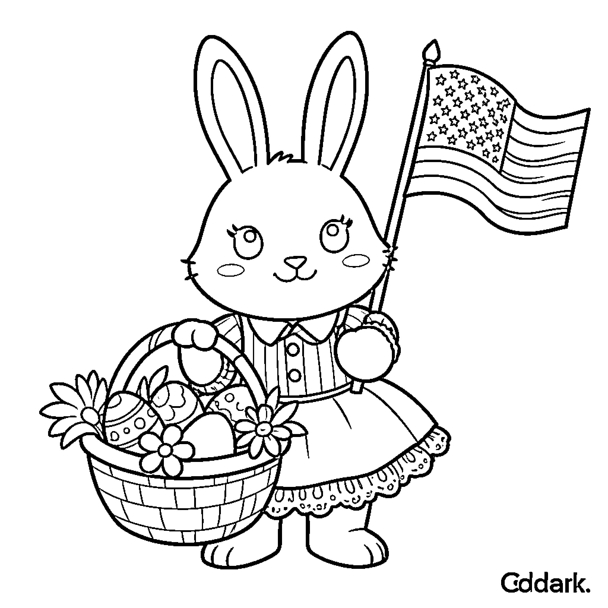 Bunny carrying basket of flowers and holding US flag Coloring Page (free black-and-white line drawing printable PDF for all, from beginners to advanced learners, including children, teens, adults, and seniors)