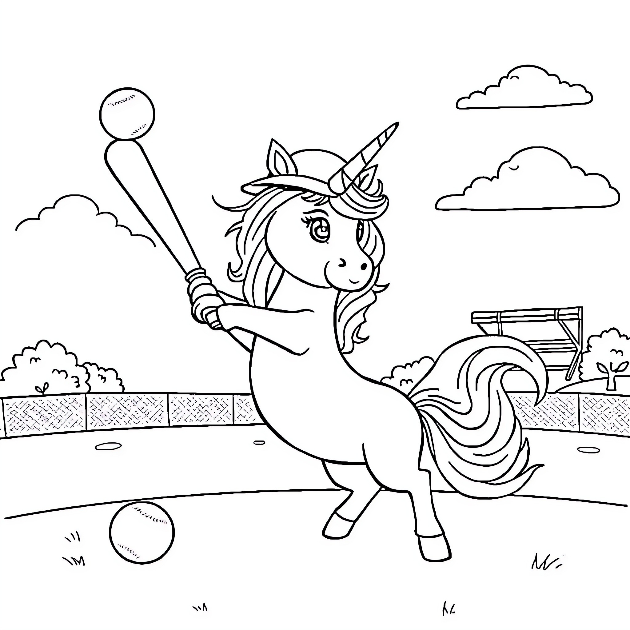 Unicorn playing joyfully with a ball in a park Coloring Page (free black-and-white line drawing printable PDF for all, from beginners to advanced learners, including children, teens, adults, and seniors)