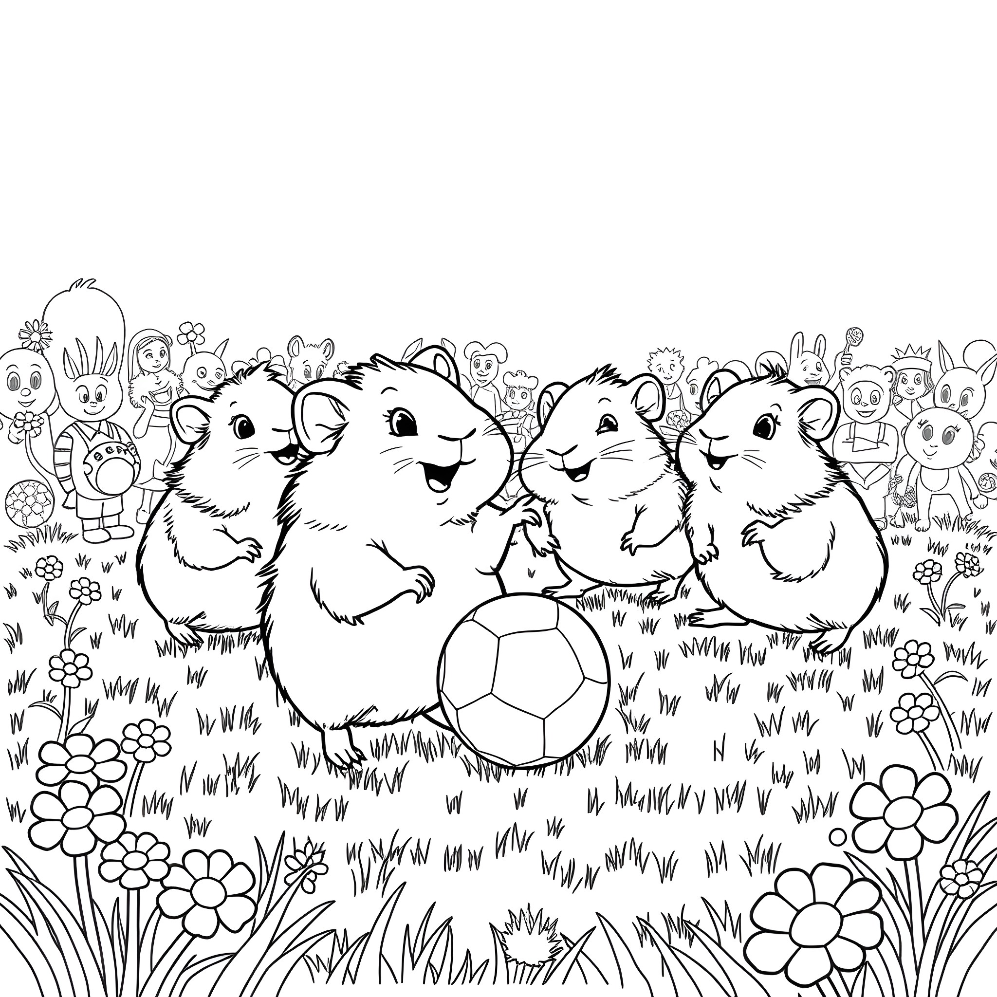 Guinea Pigs Playing Happily with Soccer Ball in Meadow Coloring Page (free black-and-white line drawing printable PDF for all, from beginners to advanced learners, including children, teens, adults, and seniors)