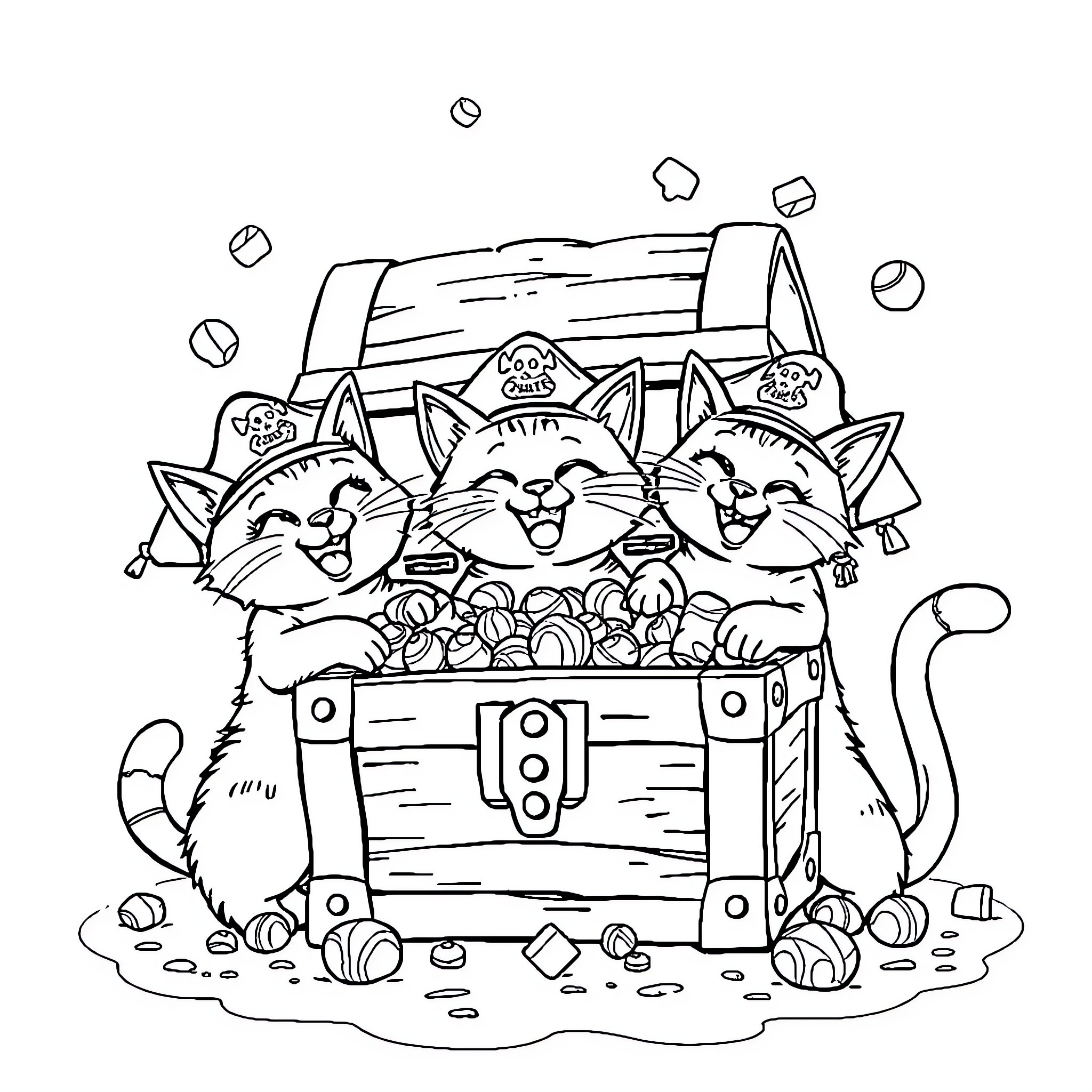 Cat Treasure Trove with Kittens Coloring Page (free black-and-white line drawing printable PDF for all, from beginners to advanced learners, including children, teens, adults, and seniors)