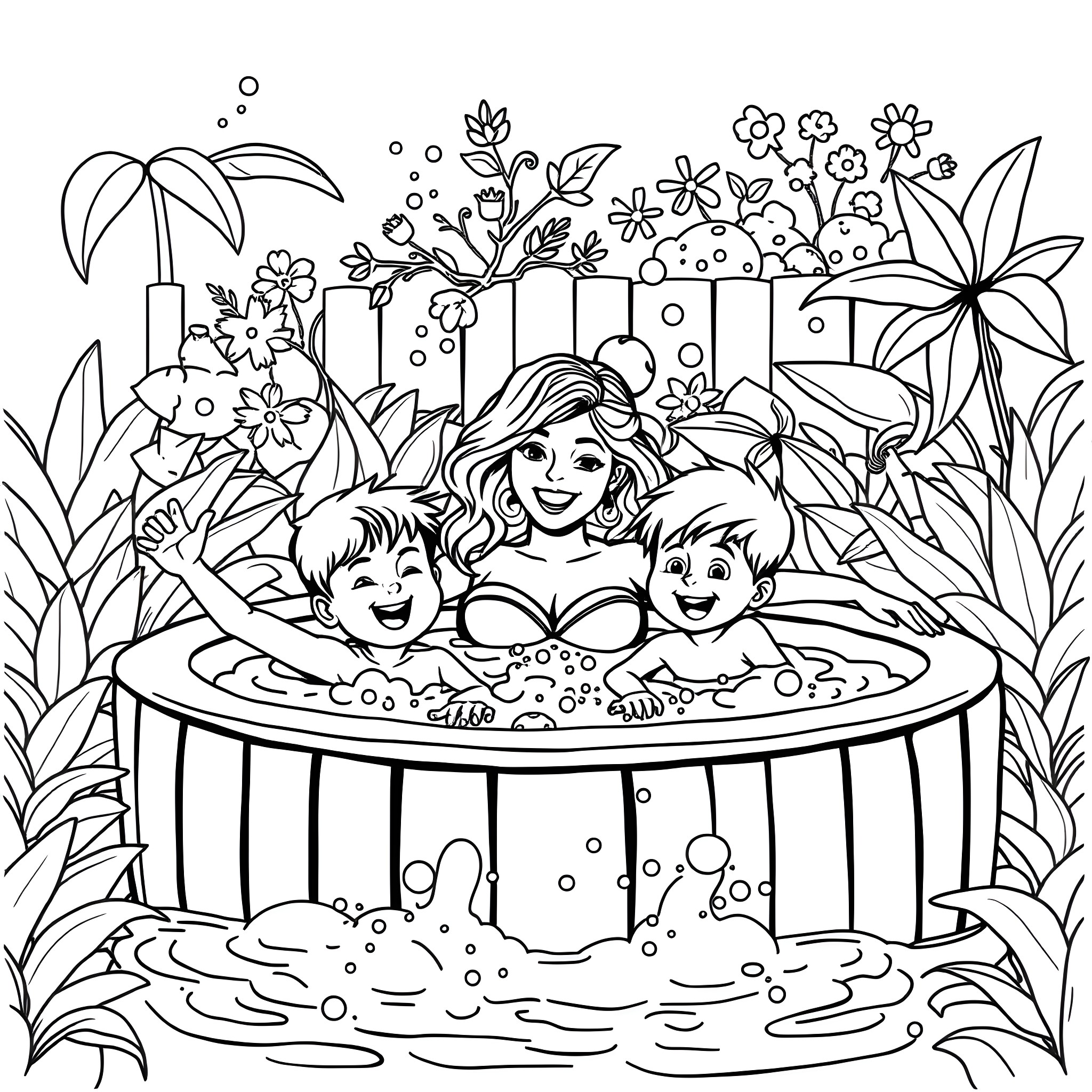 Mom relaxing with kids in a tropical pool Coloring Page (free black-and-white line drawing printable PDF for all, from beginners to advanced learners, including children, teens, adults, and seniors)