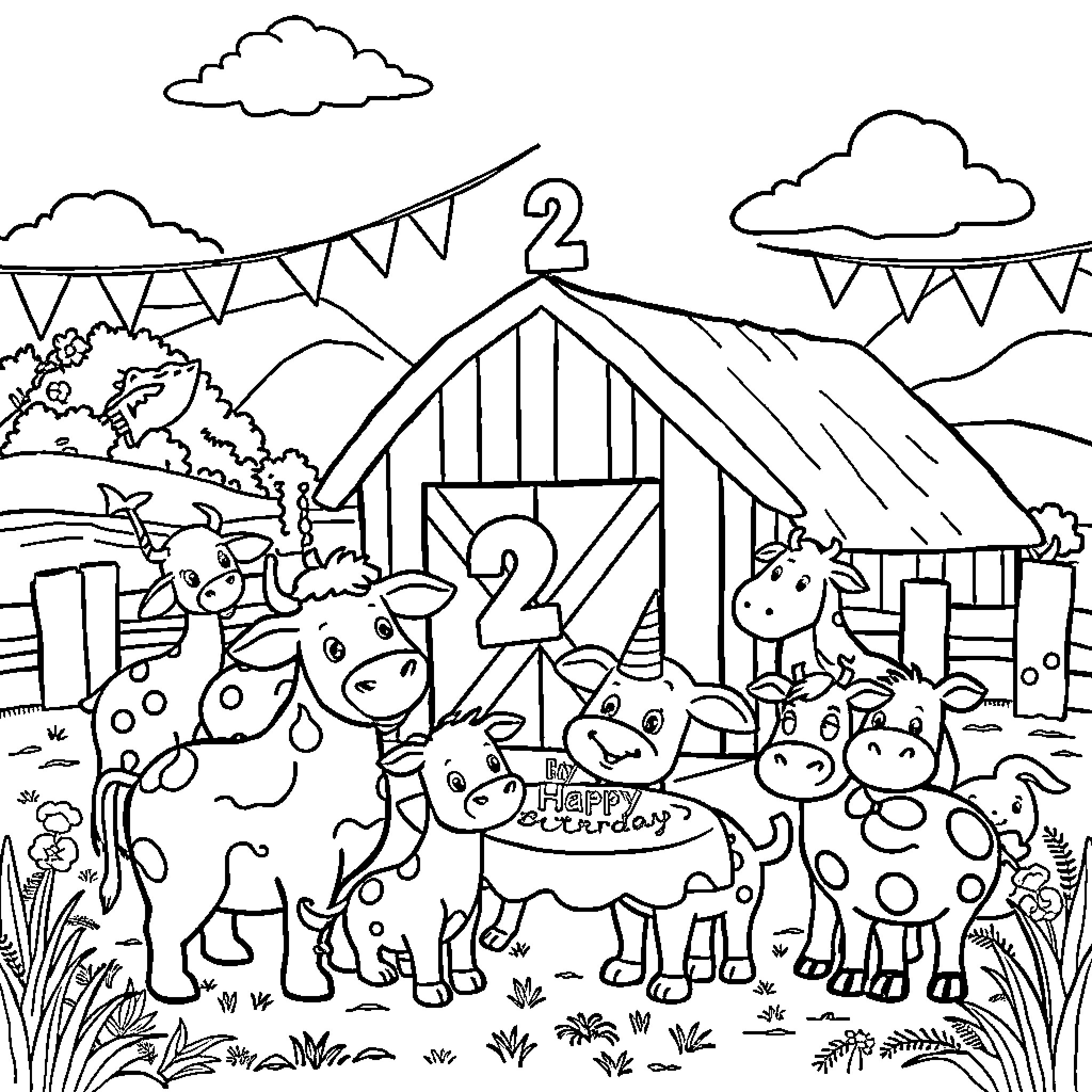 Farm Animal Birthday Party on the Farm Coloring Page (free black-and-white line drawing printable PDF for all, from beginners to advanced learners, including children, teens, adults, and seniors)