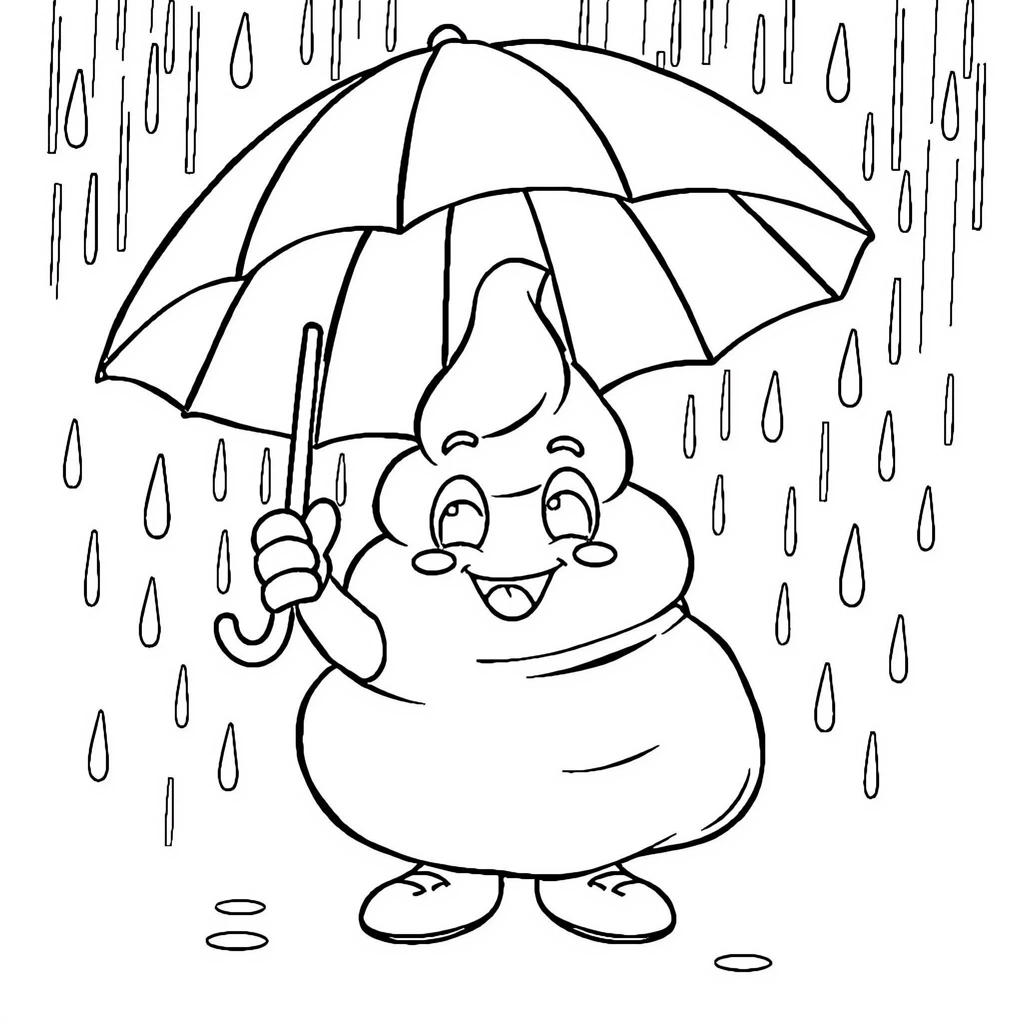 Poo having fun in the rain with umbrella Coloring Page (free black-and-white line drawing printable PDF for all, from beginners to advanced learners, including children, teens, adults, and seniors)