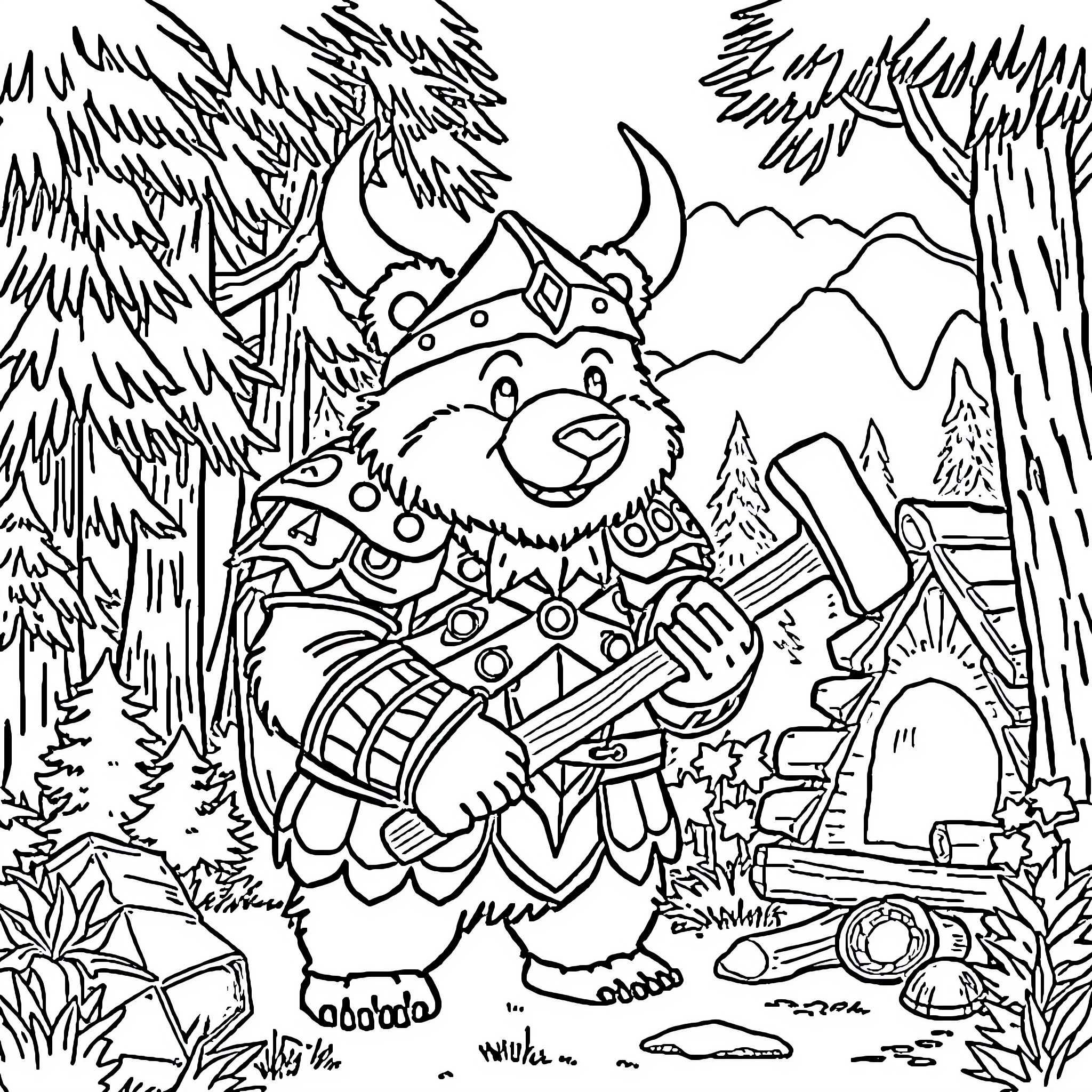 Bear dressed as a Viking exploring the forest Coloring Page (free black-and-white line drawing printable PDF for all, from beginners to advanced learners, including children, teens, adults, and seniors)
