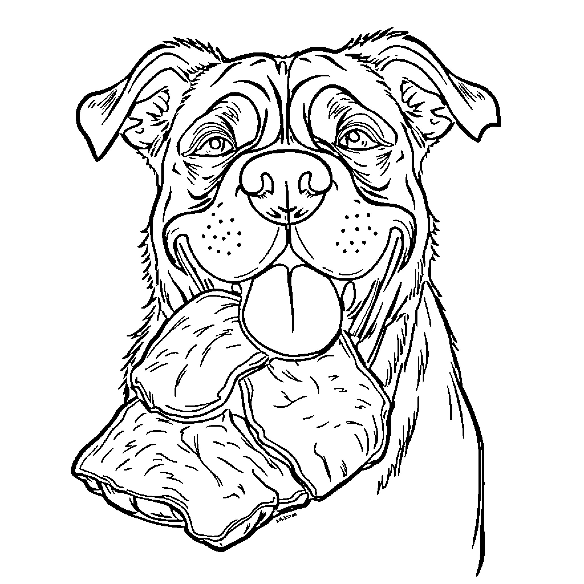 Dog with playful expression and floppy ears Coloring Page (free black-and-white line drawing printable PDF for all, from beginners to advanced learners, including children, teens, adults, and seniors)