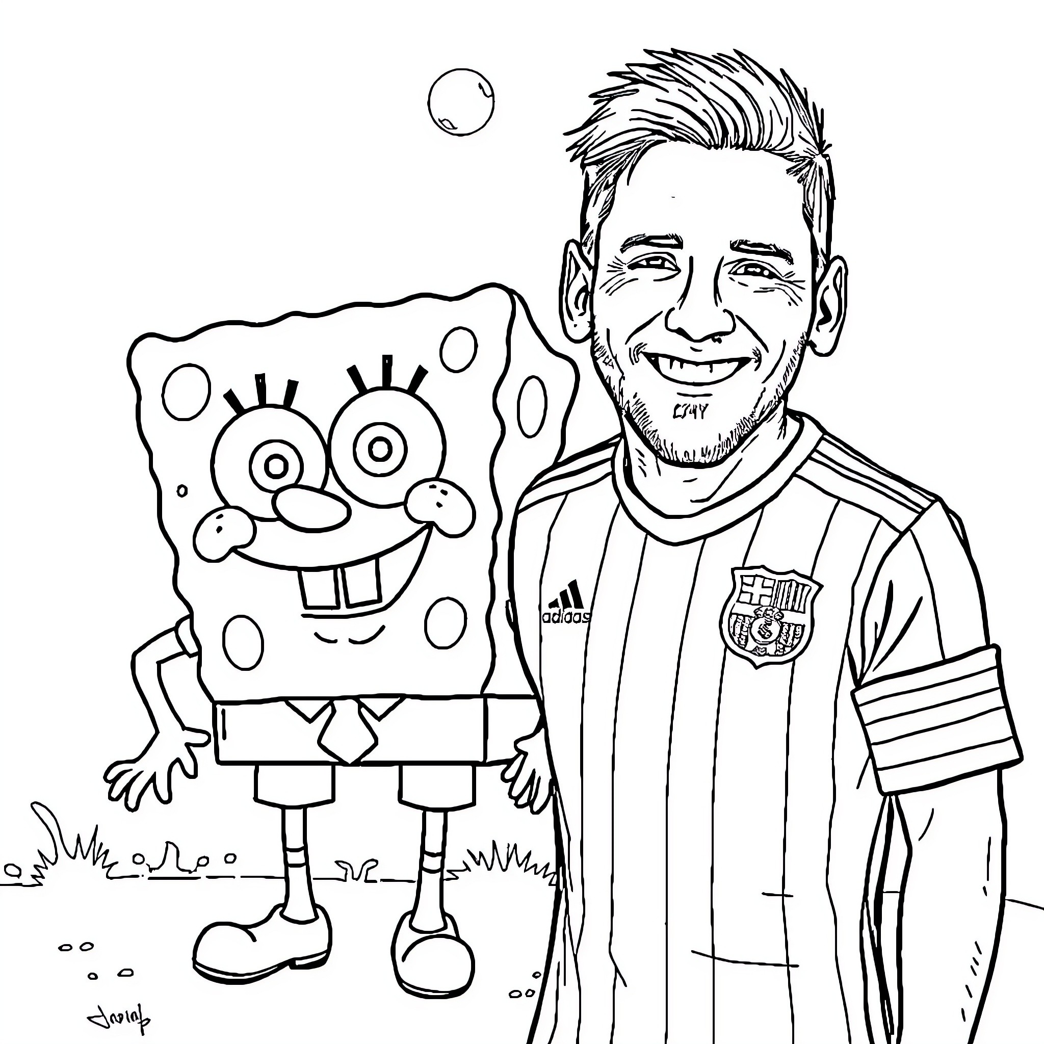 Messi's Playful Encounter with Spongebob Coloring Page (free black-and-white line drawing printable PDF for all, from beginners to advanced learners, including children, teens, adults, and seniors)
