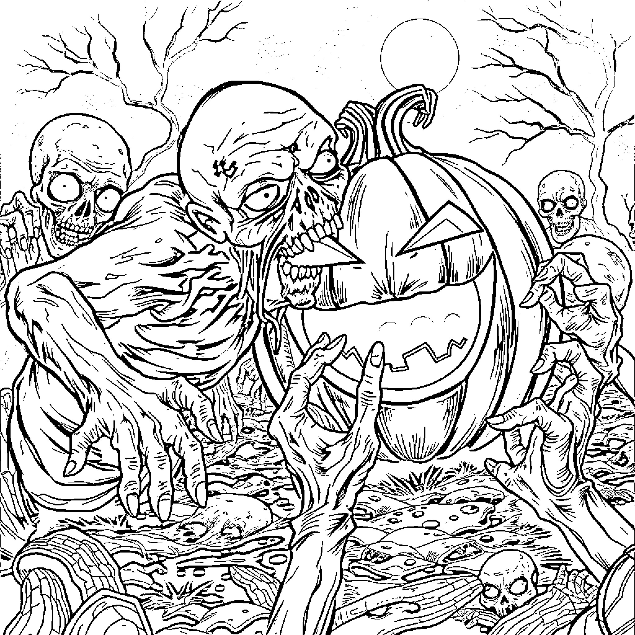 Zombie Pumpkins and Skeletons in Eerie Forest Coloring Page (free black-and-white line drawing printable PDF for all, from beginners to advanced learners, including children, teens, adults, and seniors)