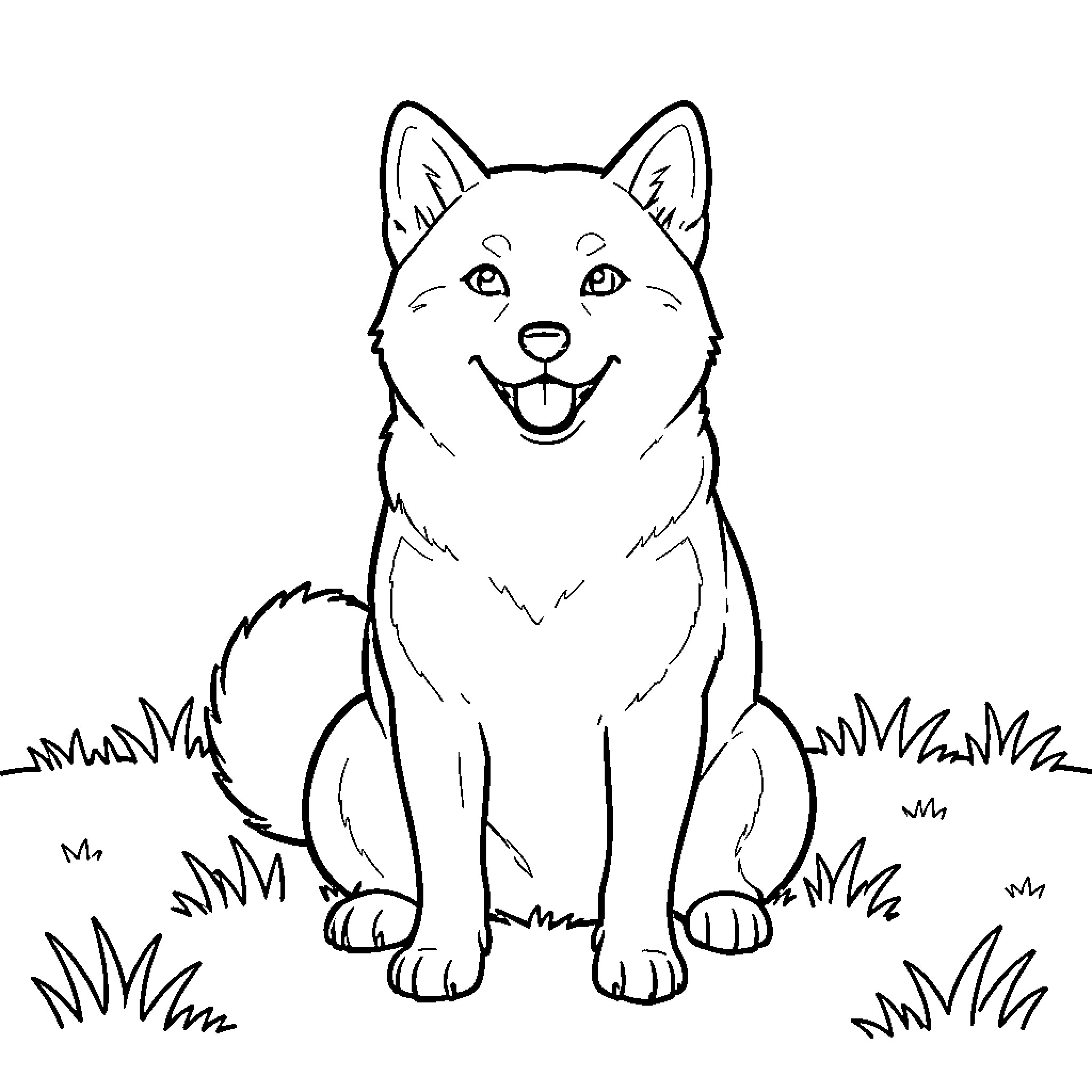 Shiba Inu sitting happily in the grass Coloring Page (free black-and-white line drawing printable PDF for all, from beginners to advanced learners, including children, teens, adults, and seniors)