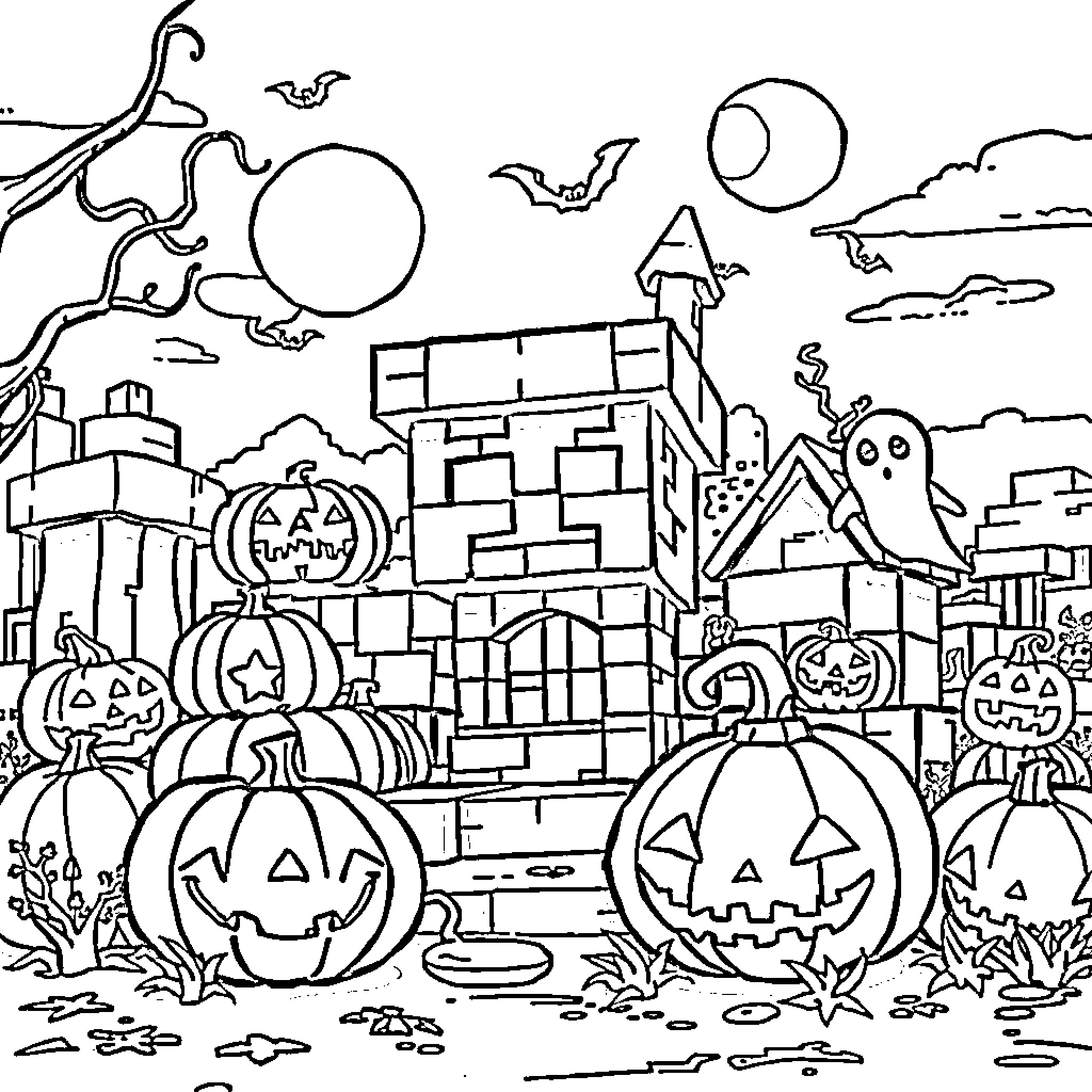 Minecraft Halloween Town with Pumpkins and Bats Coloring Page (free black-and-white line drawing printable PDF for all, from beginners to advanced learners, including children, teens, adults, and seniors)