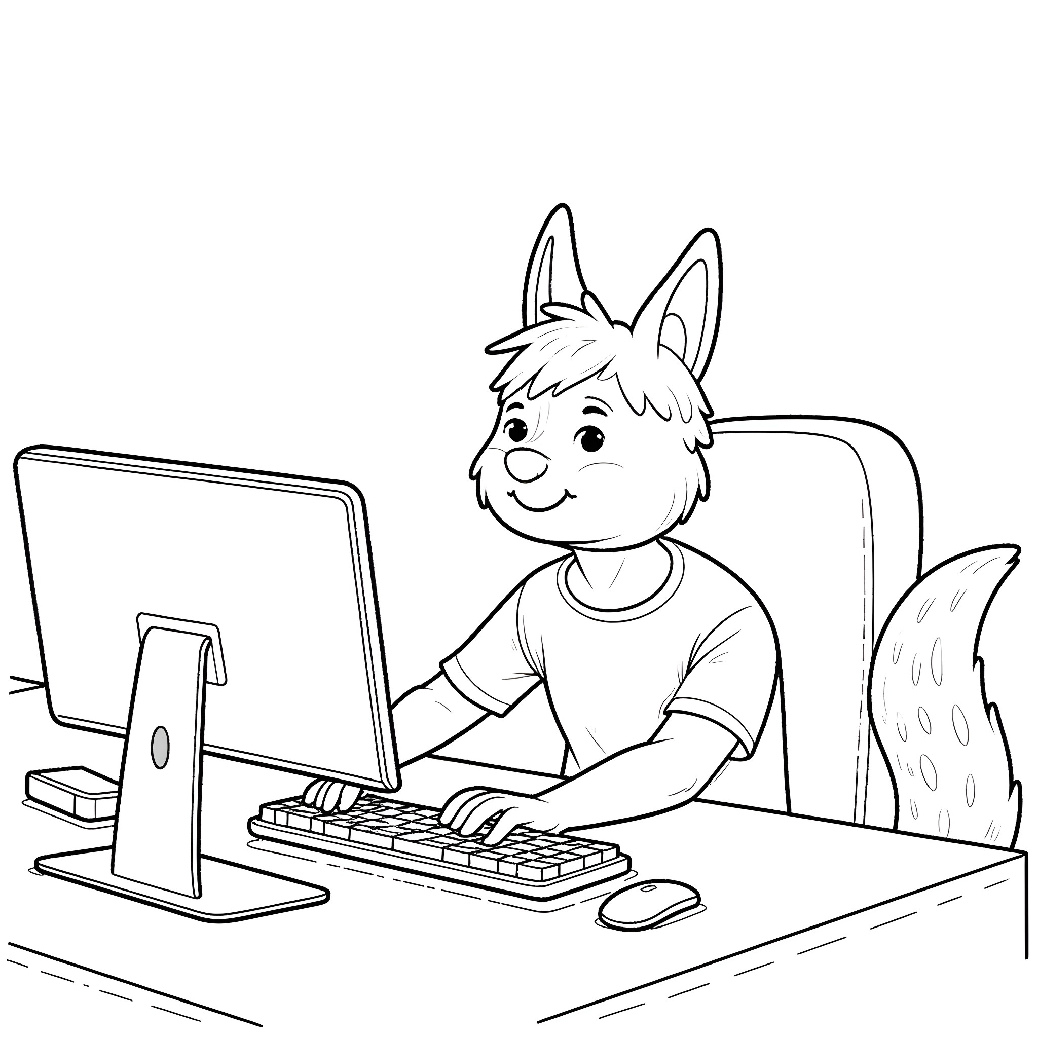 Man working diligently on computer in office Coloring Page (free black-and-white line drawing printable PDF for all, from beginners to advanced learners, including children, teens, adults, and seniors)