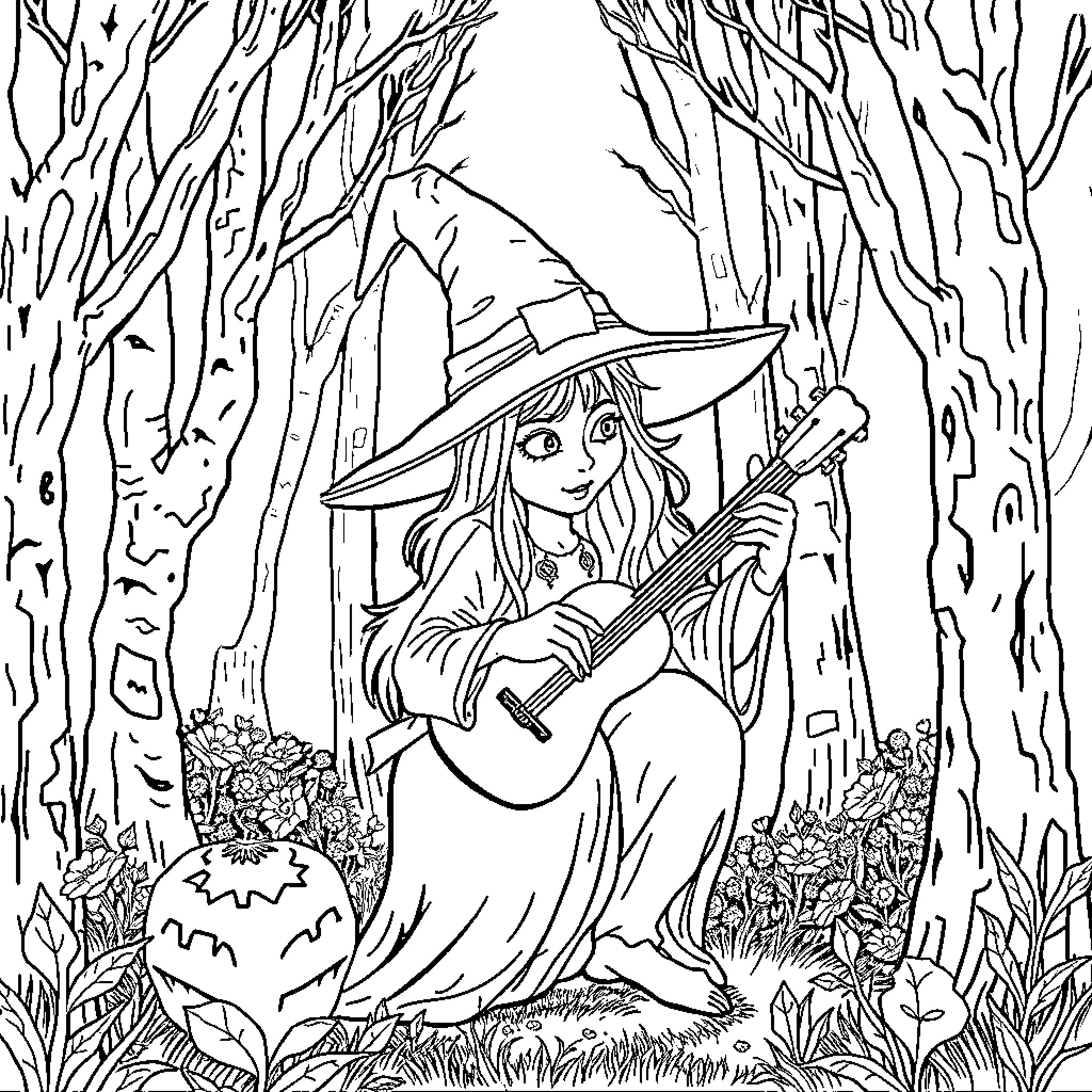 Witch playing guitar in enchanted forest Coloring Page (free black-and-white line drawing printable PDF for all, from beginners to advanced learners, including children, teens, adults, and seniors)