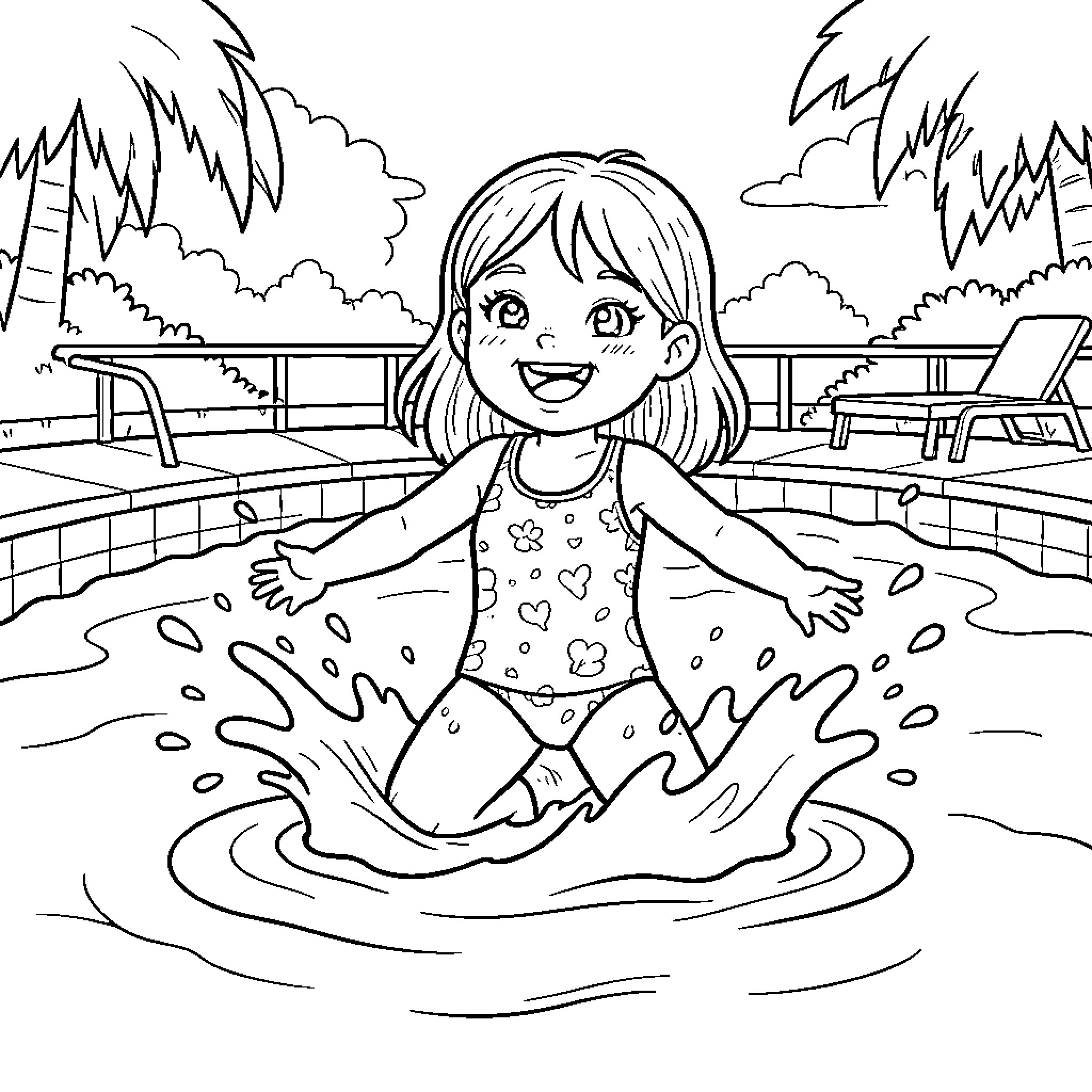 Miss Playing Happily in the Puddle Coloring Page (free black-and-white line drawing printable PDF for all, from beginners to advanced learners, including children, teens, adults, and seniors)