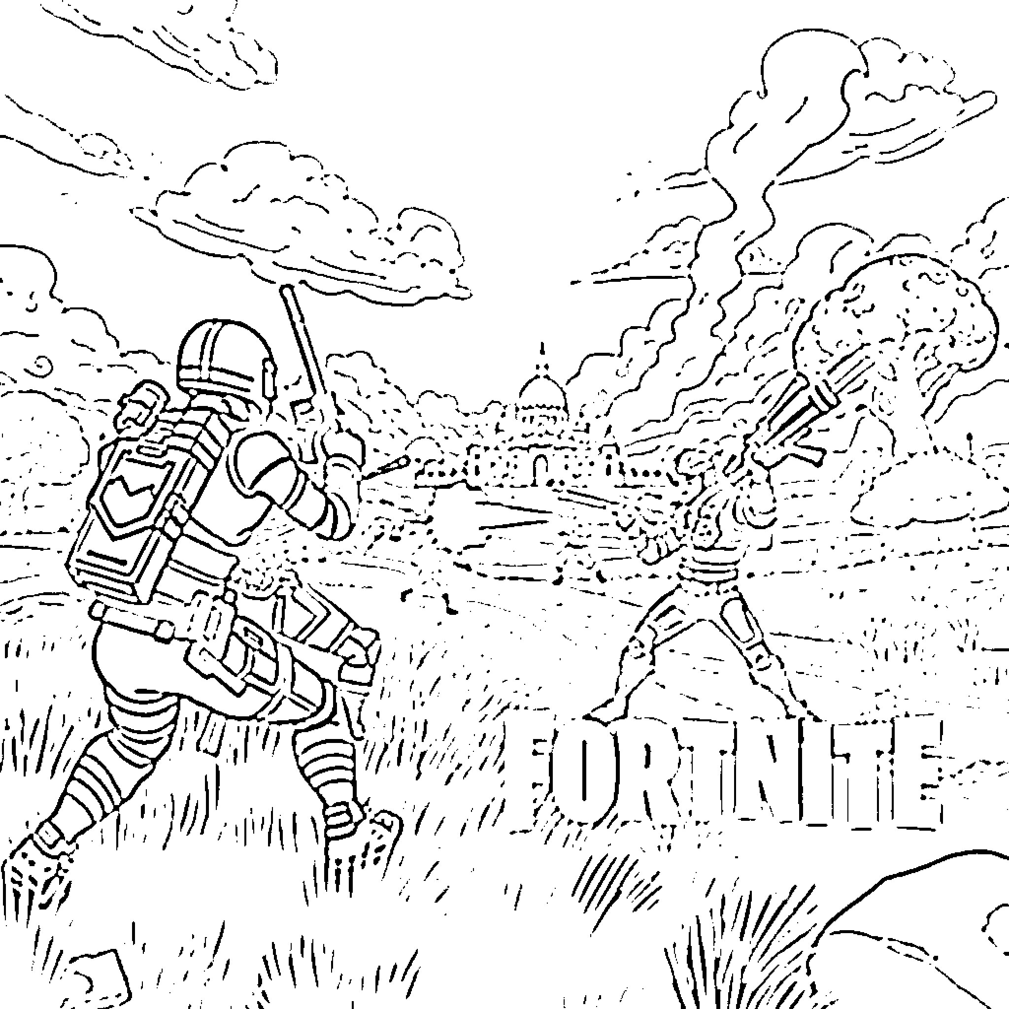 Fortnite Characters Battle in Destroyed Landscape Coloring Page (free black-and-white line drawing printable PDF for all, from beginners to advanced learners, including children, teens, adults, and seniors)