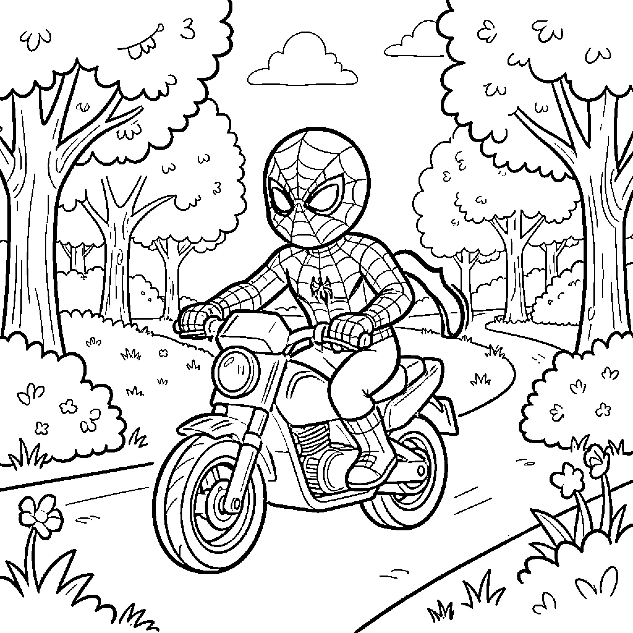 Spidey riding motorcycle through the forest Coloring Page (free black-and-white line drawing printable PDF for all, from beginners to advanced learners, including children, teens, adults, and seniors)