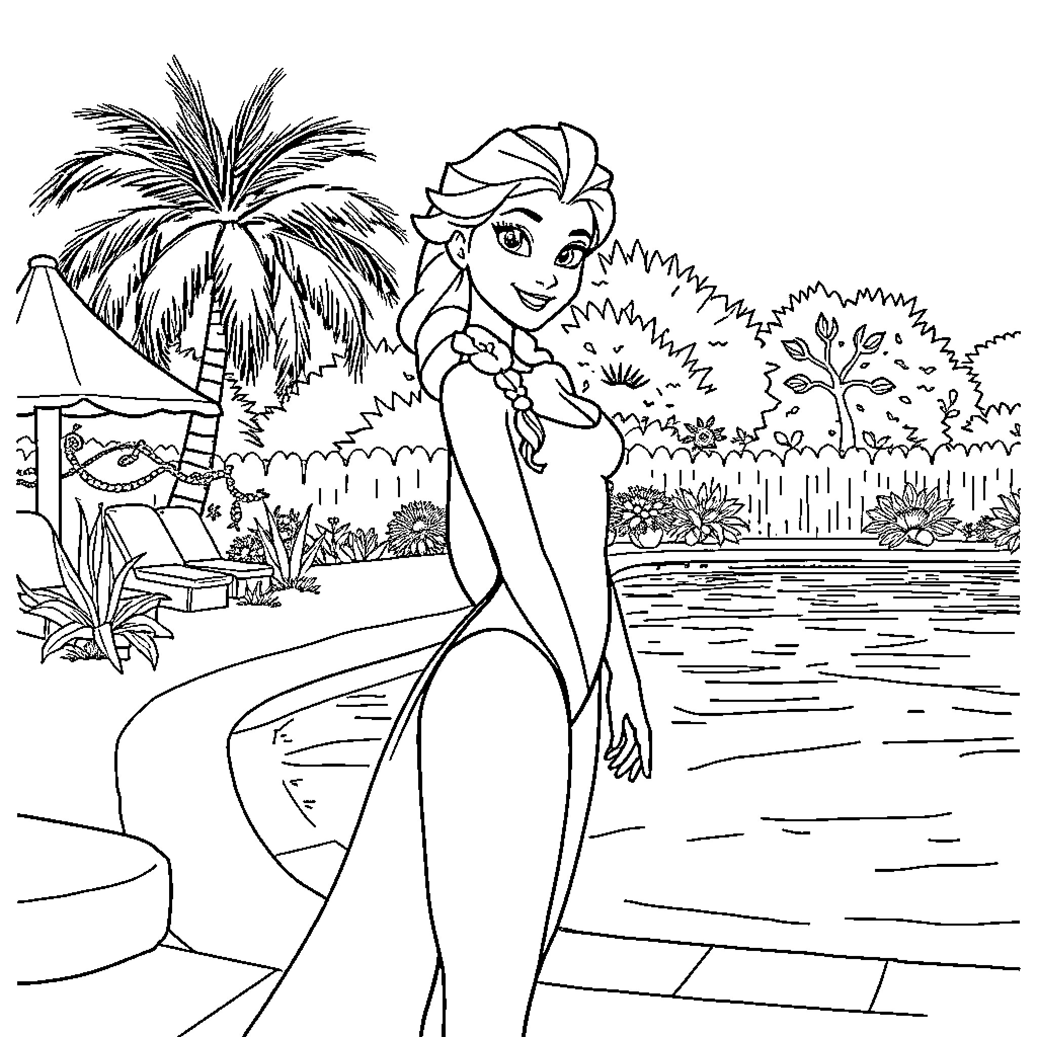 Elsa's Tropical Adventure Coloring Page (free black-and-white line drawing printable PDF for all, from beginners to advanced learners, including children, teens, adults, and seniors)