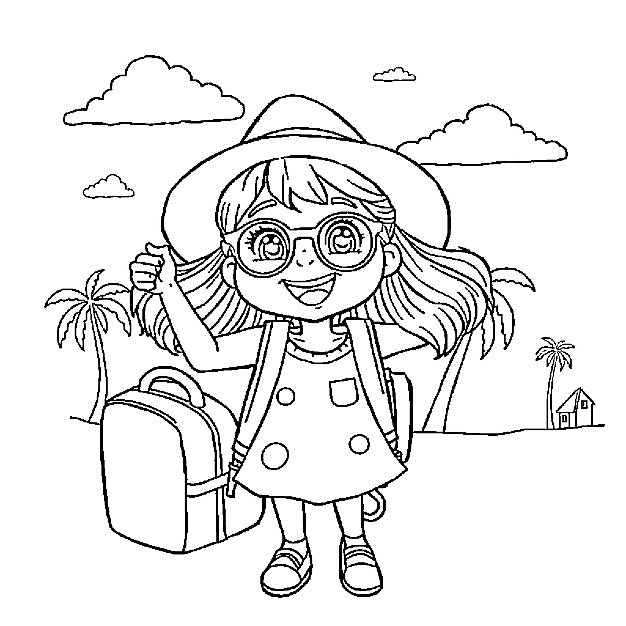 Young Girl Exploring the Tropics with Suitcase Coloring Page (free black-and-white line drawing printable PDF for all, from beginners to advanced learners, including children, teens, adults, and seniors)