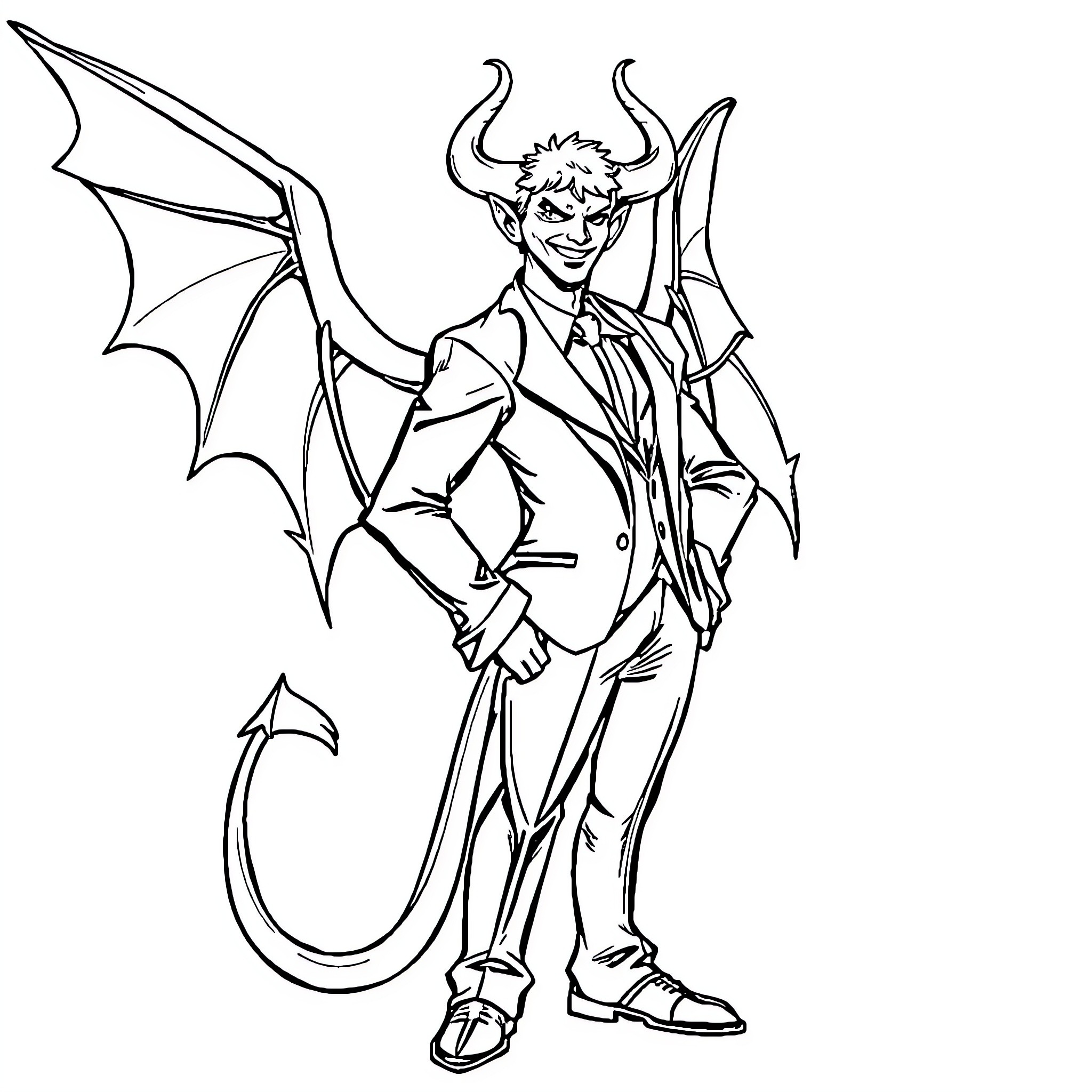 Lucifer the Mischievous Demon in Formal Attire Coloring Page (free black-and-white line drawing printable PDF for all, from beginners to advanced learners, including children, teens, adults, and seniors)