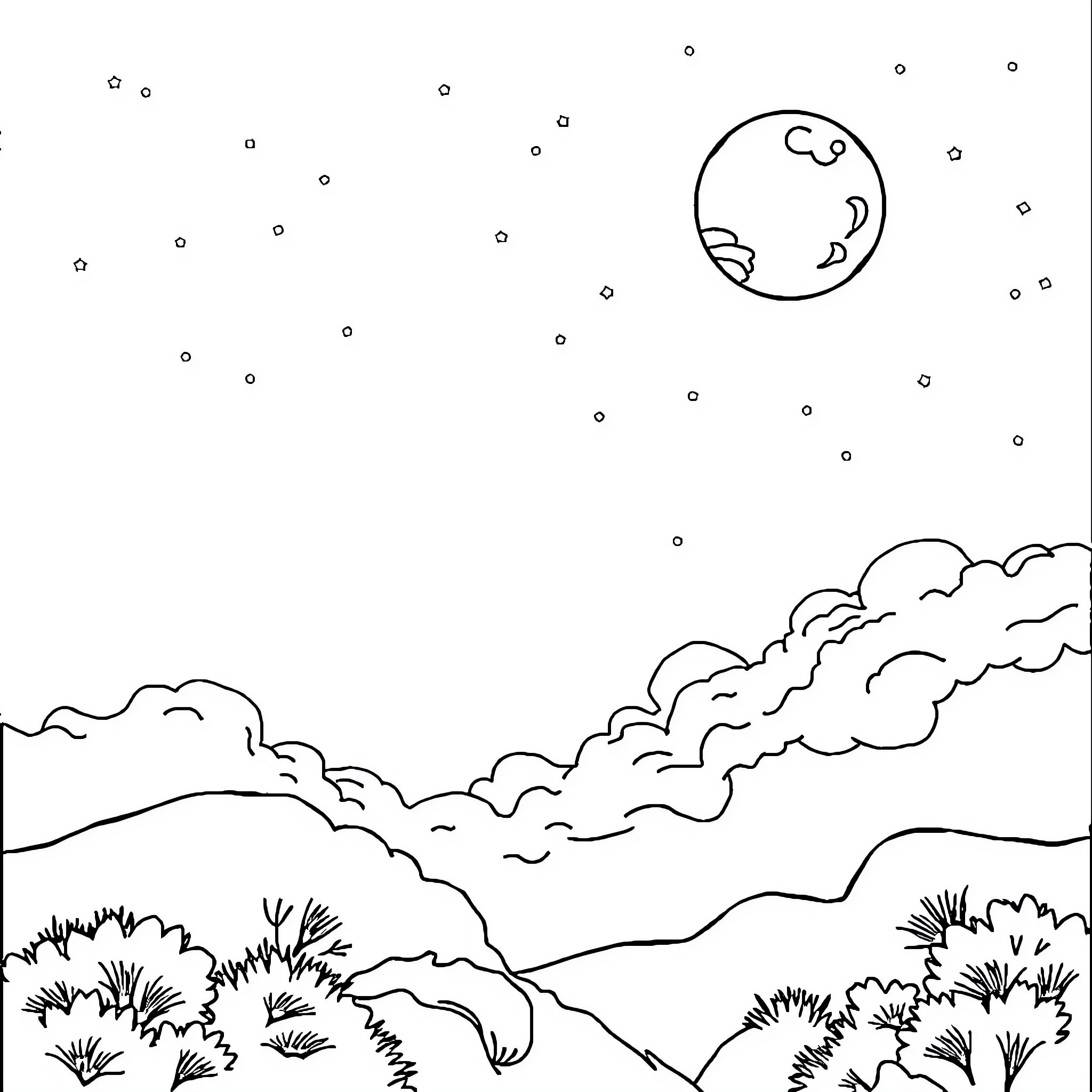 Moon shining over peaceful night landscape Coloring Page (free black-and-white line drawing printable PDF for all, from beginners to advanced learners, including children, teens, adults, and seniors)