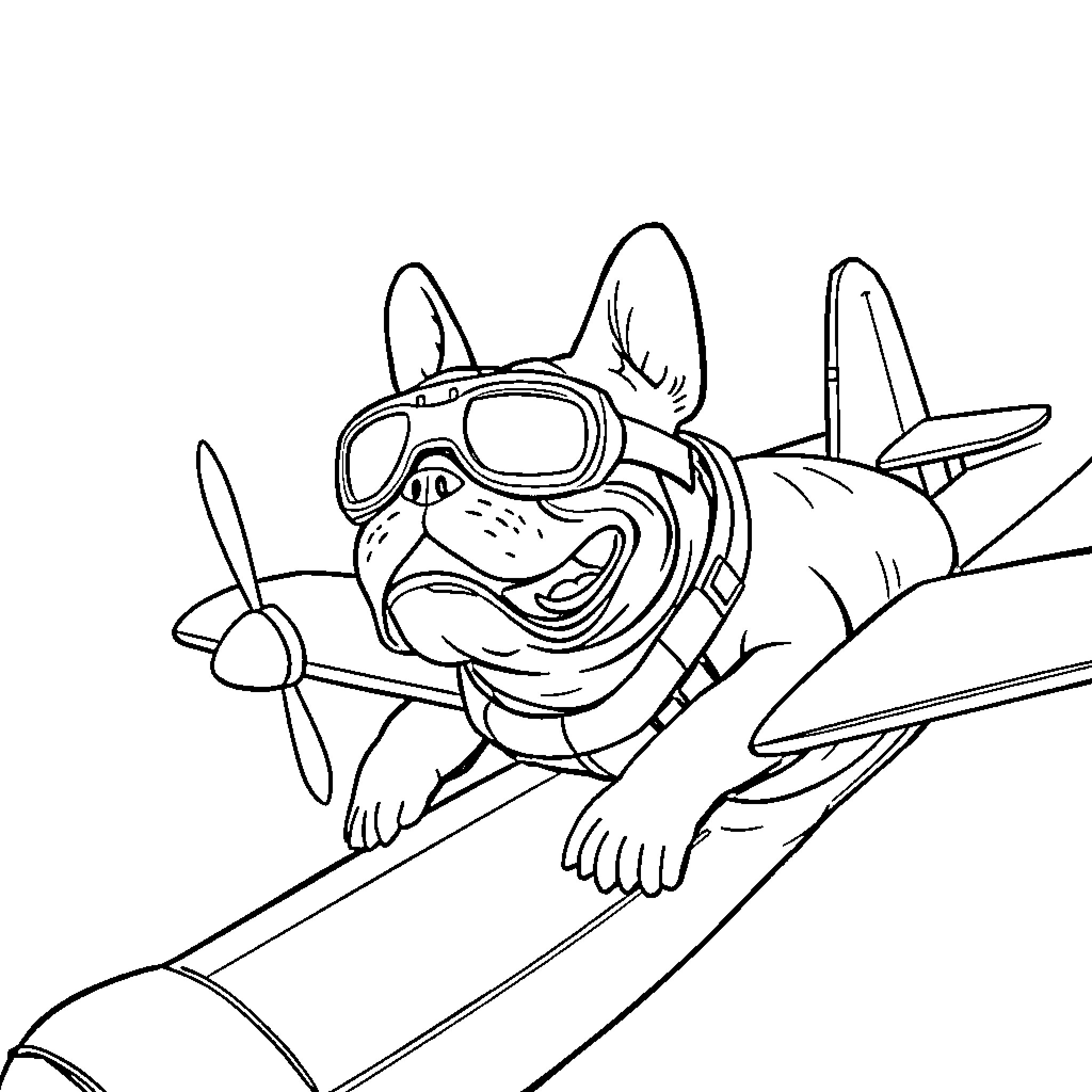 Bulldog flying a propeller plane in the sky Coloring Page (free black-and-white line drawing printable PDF for all, from beginners to advanced learners, including children, teens, adults, and seniors)
