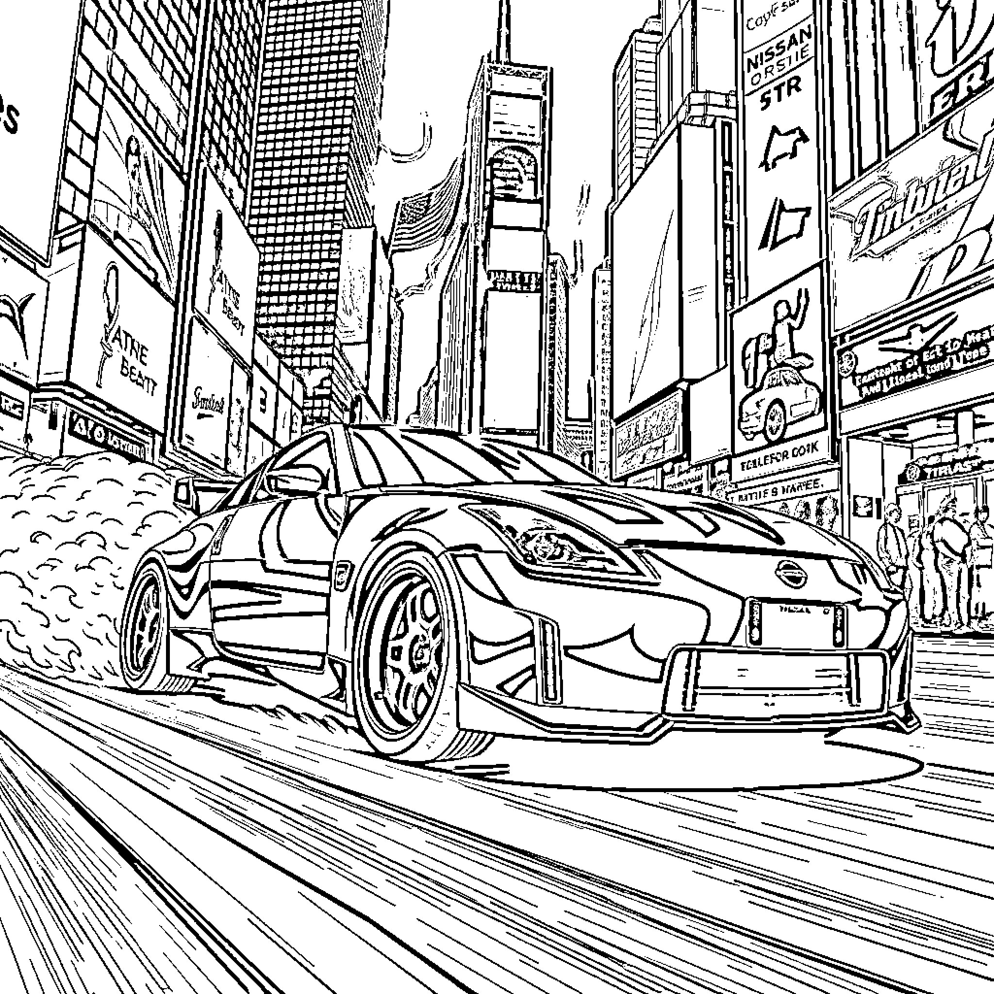 Nissan 350z speeding through Times Square Coloring Page (free black-and-white line drawing printable PDF for all, from beginners to advanced learners, including children, teens, adults, and seniors)