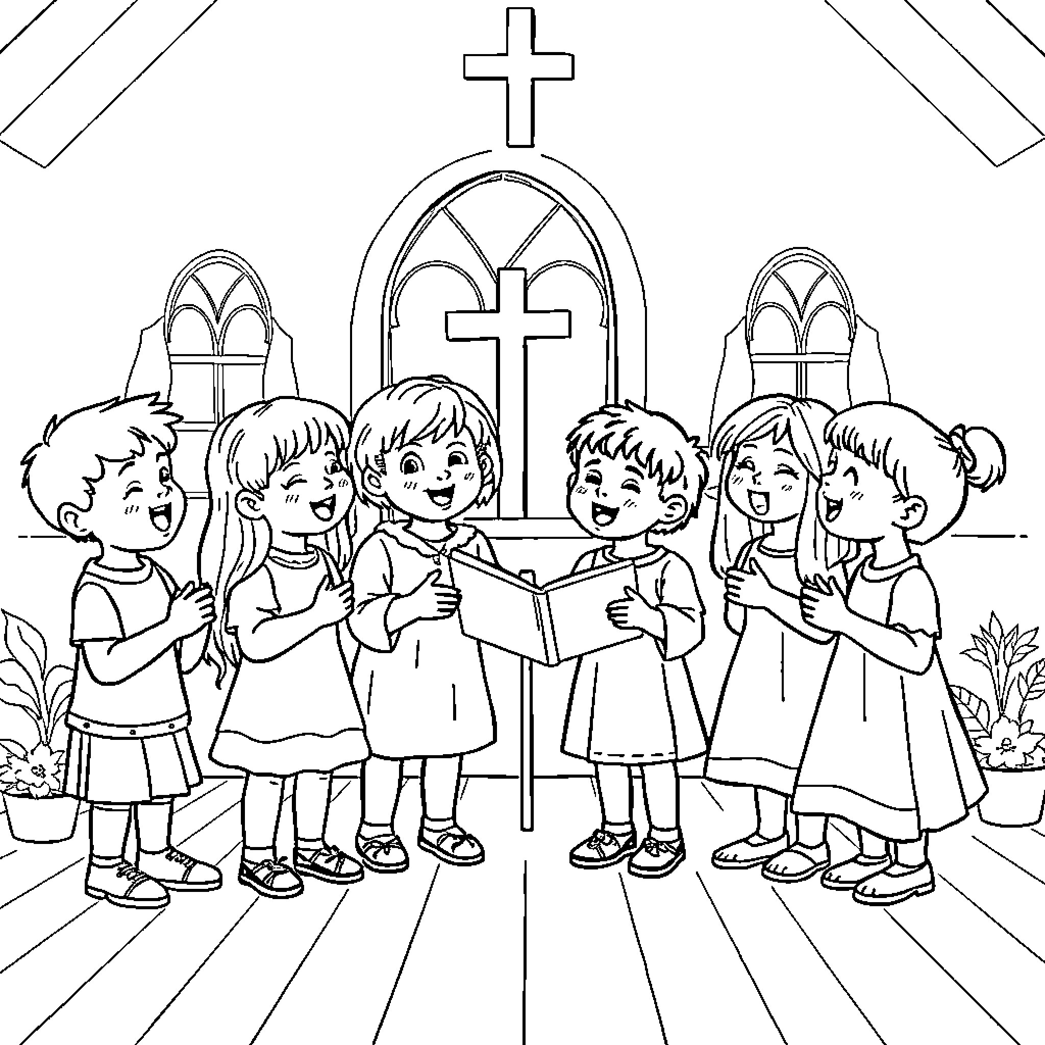 Child church service with children singing hymns Coloring Page (free black-and-white line drawing printable PDF for all, from beginners to advanced learners, including children, teens, adults, and seniors)