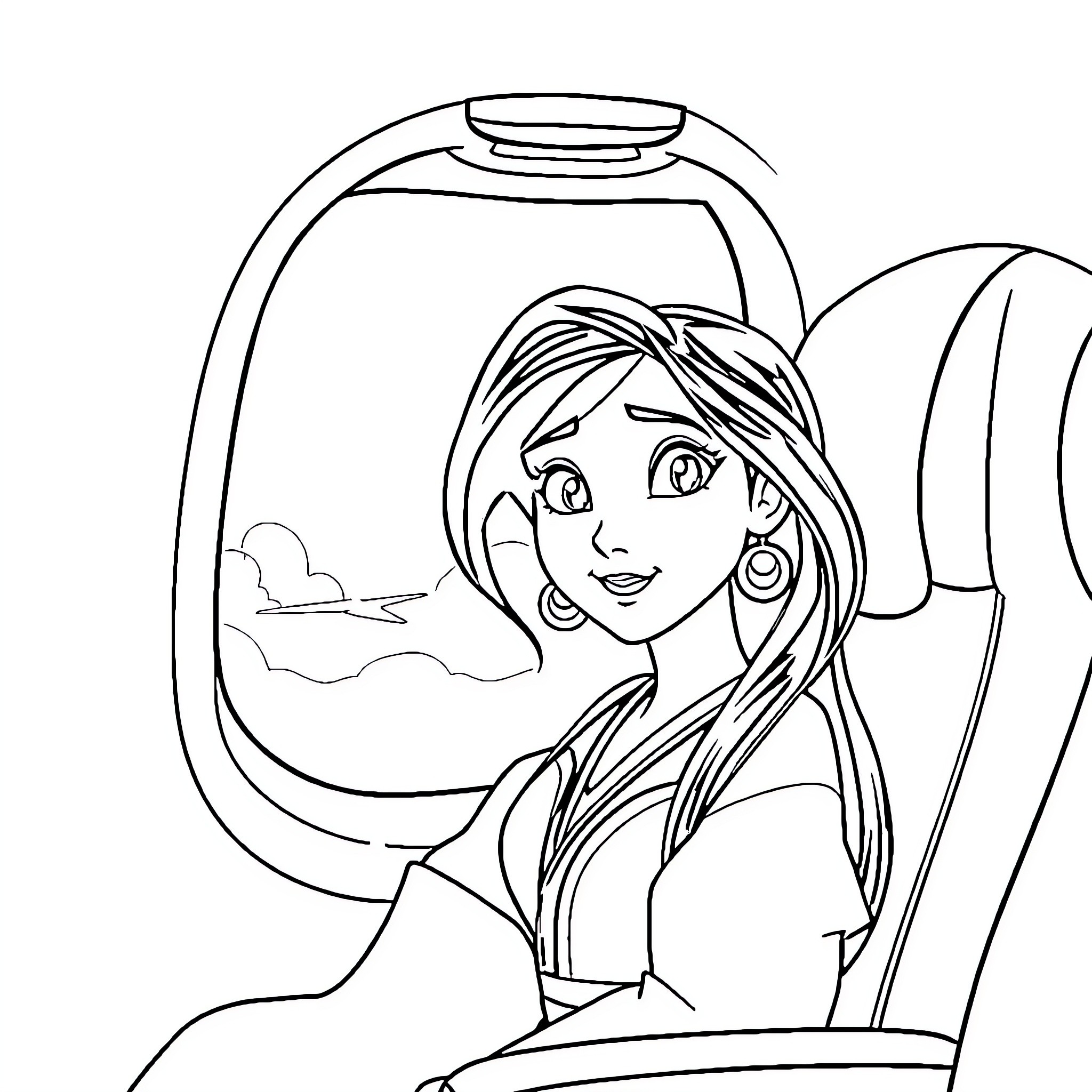 Mulan during her journey on an airplane Coloring Page (free black-and-white line drawing printable PDF for all, from beginners to advanced learners, including children, teens, adults, and seniors)