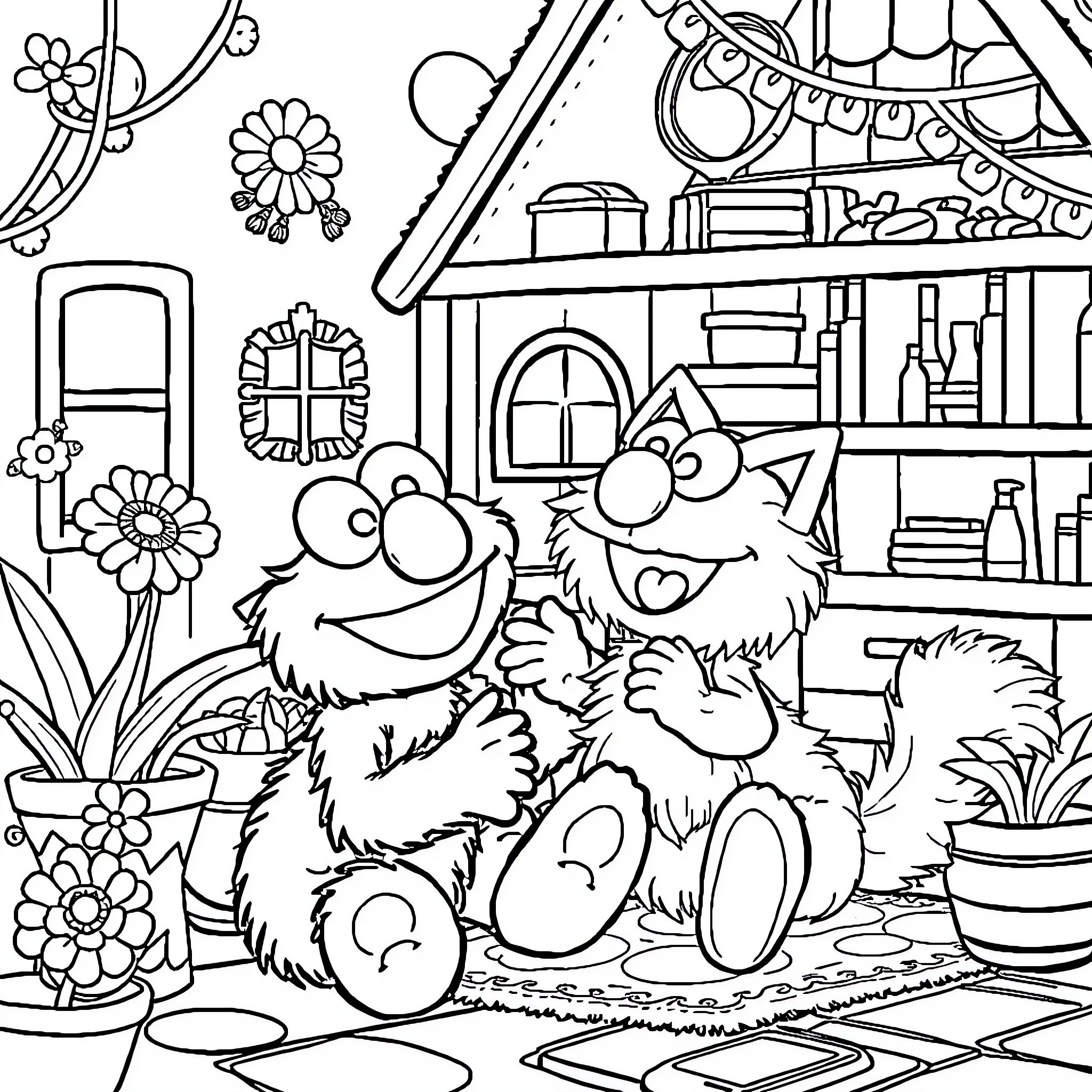 Elmo and Friends Explore the Cozy Cottage Coloring Page (free black-and-white line drawing printable PDF for all, from beginners to advanced learners, including children, teens, adults, and seniors)