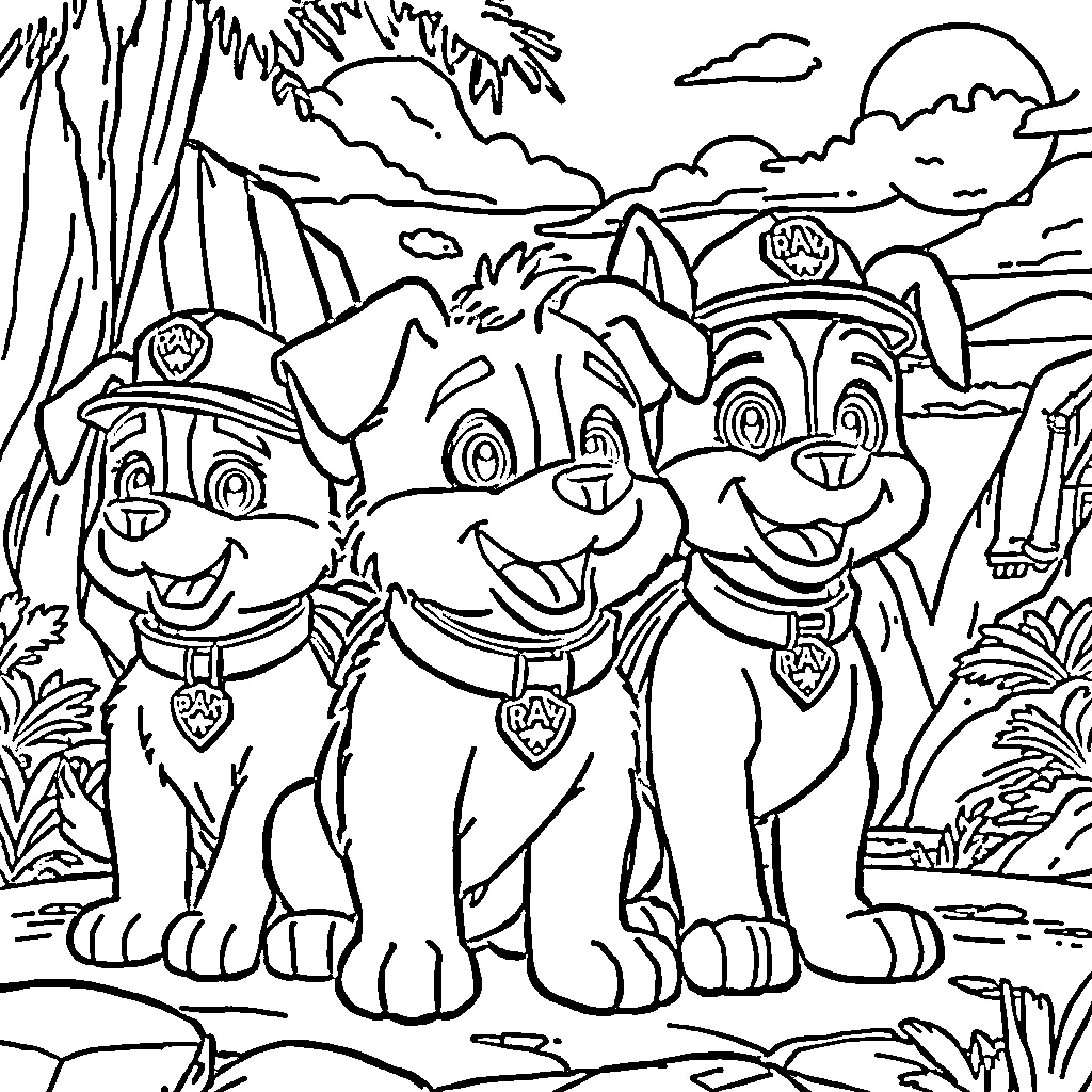 Paw Patrol pups exploring the jungle landscape Coloring Page (free black-and-white line drawing printable PDF for all, from beginners to advanced learners, including children, teens, adults, and seniors)