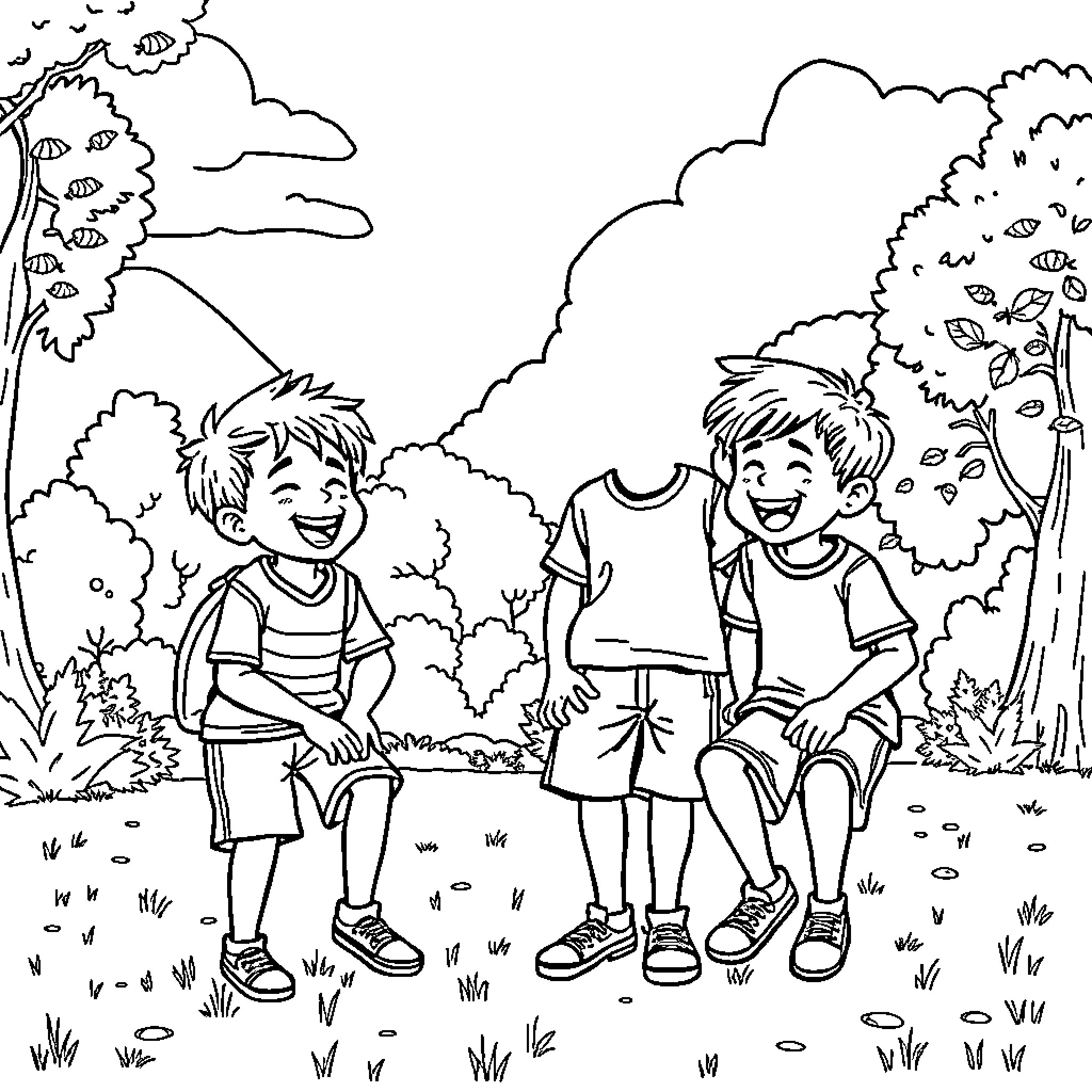 Saja Boy Playing in the Countryside Coloring Page (free black-and-white line drawing printable PDF for all, from beginners to advanced learners, including children, teens, adults, and seniors)