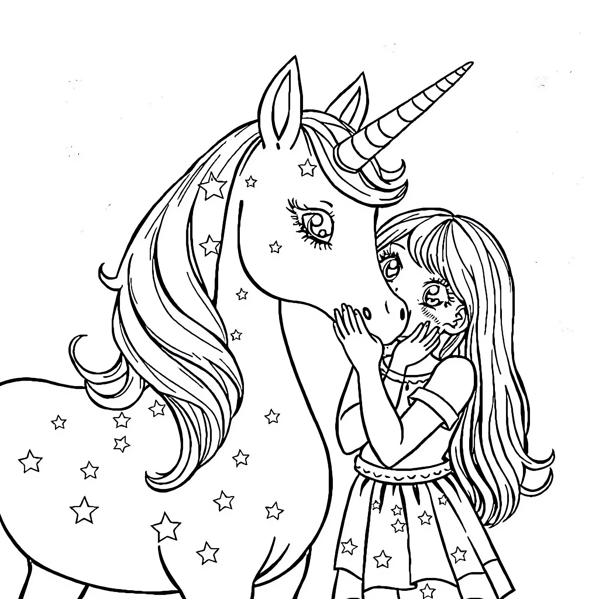 Unicorn and girl in starry enchanted scene Coloring Page (free black-and-white line drawing printable PDF for all, from beginners to advanced learners, including children, teens, adults, and seniors)