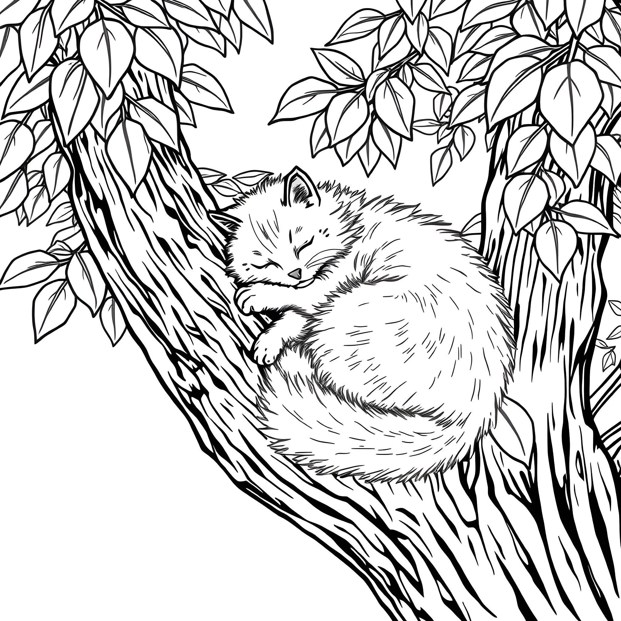 Cat sleeping peacefully in the leafy tree Coloring Page (free black-and-white line drawing printable PDF for all, from beginners to advanced learners, including children, teens, adults, and seniors)