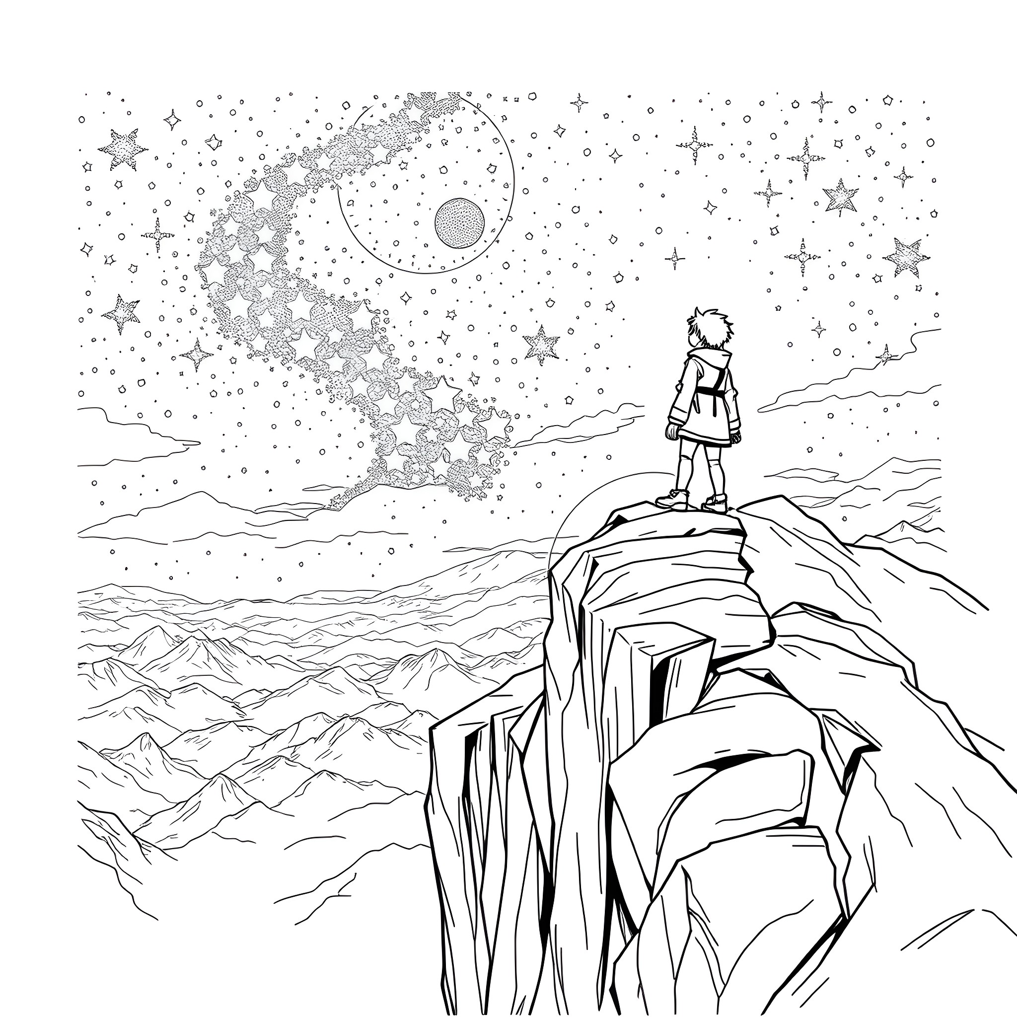 Sans person gazing at the starry night sky Coloring Page (free black-and-white line drawing printable PDF for all, from beginners to advanced learners, including children, teens, adults, and seniors)