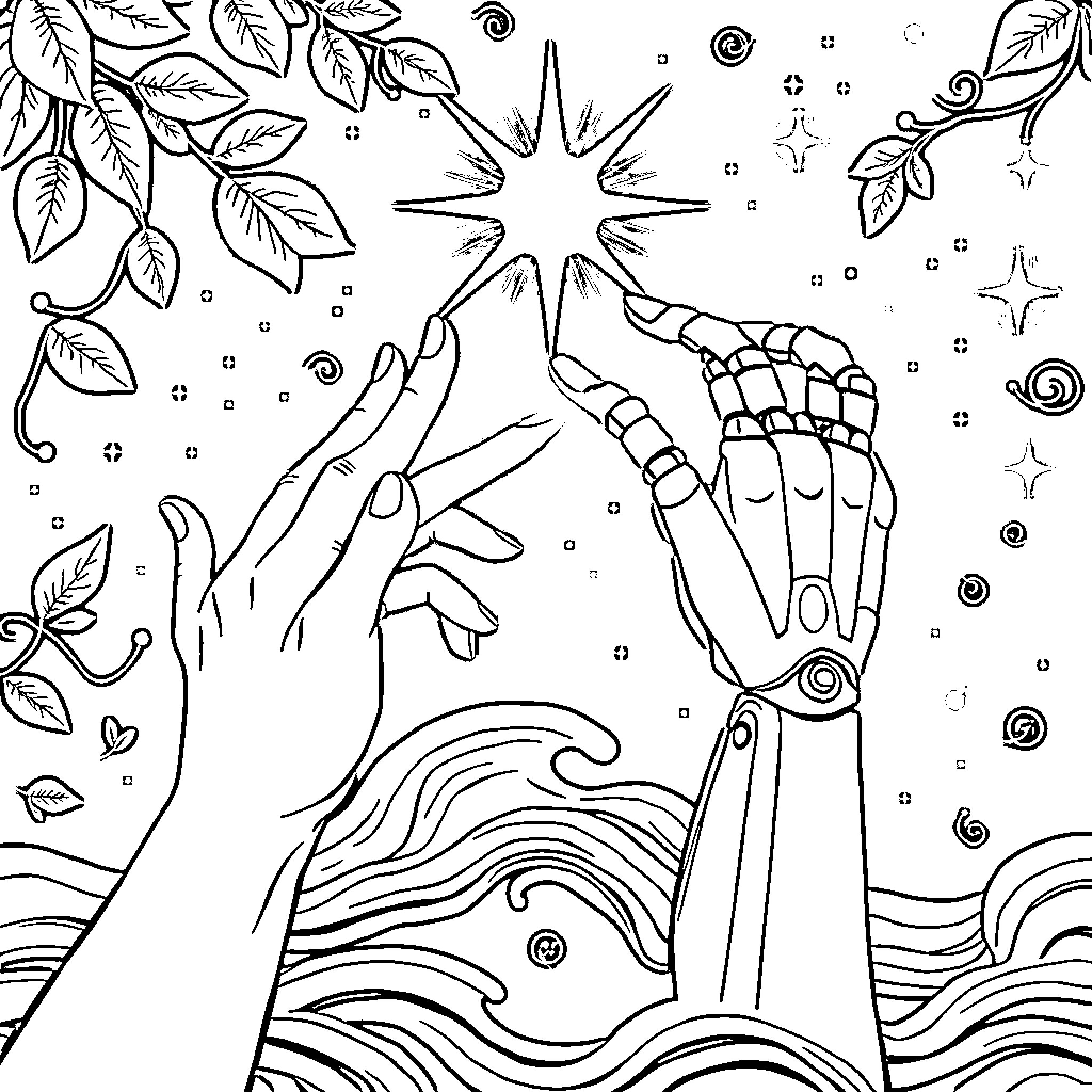 Hand Reaching for the Cosmic Stars Coloring Page (free black-and-white line drawing printable PDF for all, from beginners to advanced learners, including children, teens, adults, and seniors)