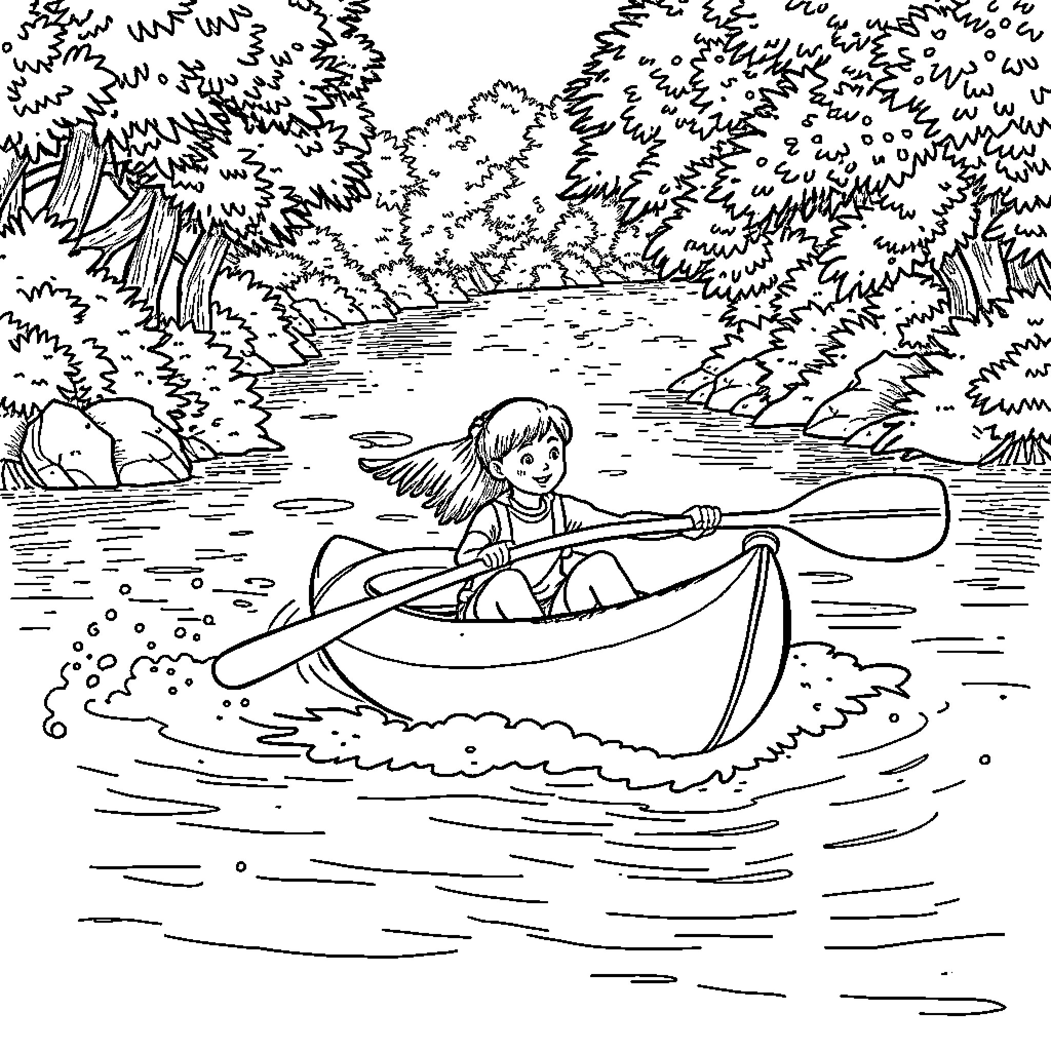 Sibling rowing boat on a peaceful lake Coloring Page (free black-and-white line drawing printable PDF for all, from beginners to advanced learners, including children, teens, adults, and seniors)