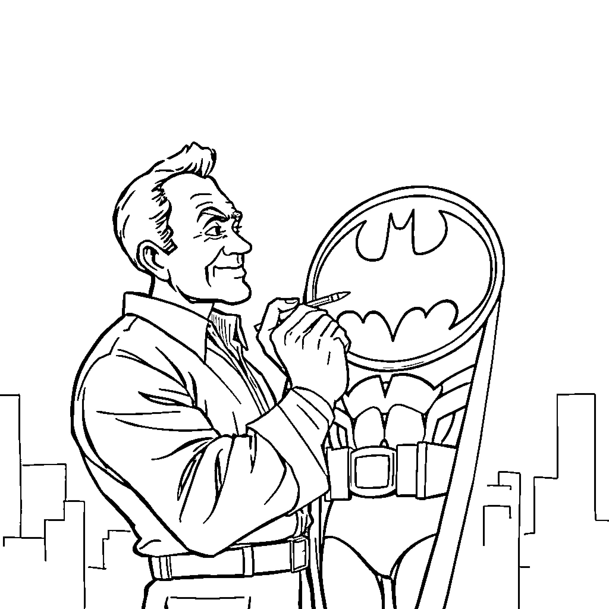 Professor Examining the Bat-Signal Projection Coloring Page (free black-and-white line drawing printable PDF for all, from beginners to advanced learners, including children, teens, adults, and seniors)