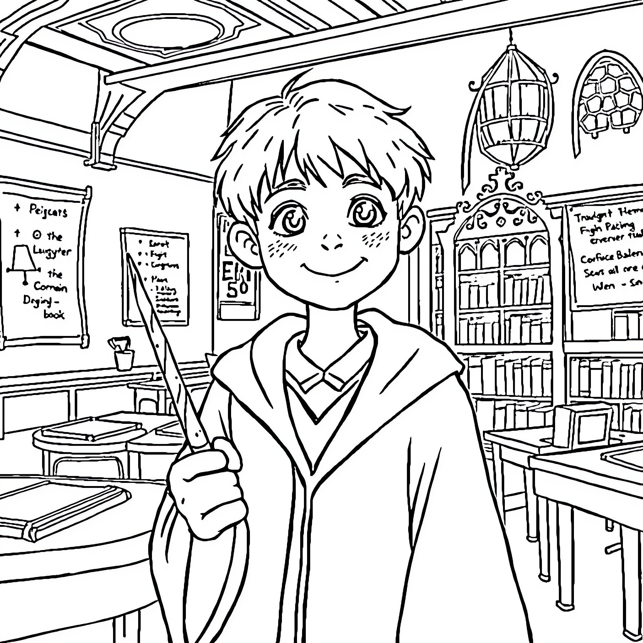 Boy exploring a magical bookstore Coloring Page (free black-and-white line drawing printable PDF for all, from beginners to advanced learners, including children, teens, adults, and seniors)