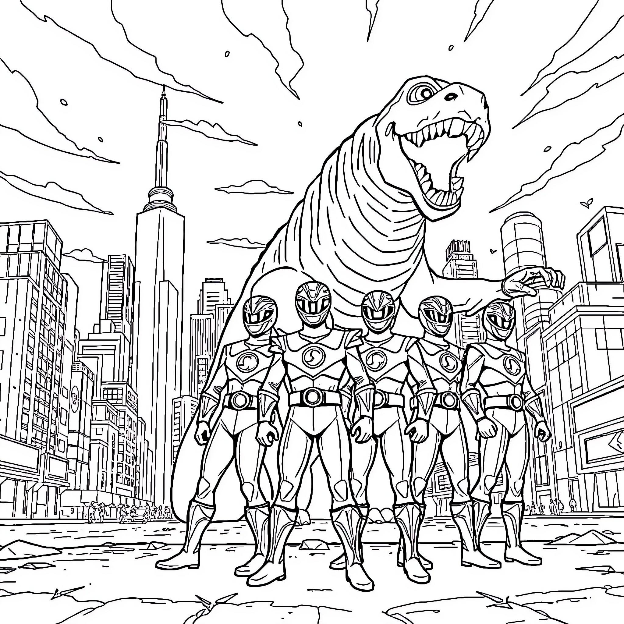 Power Rangers Heroically Confront Mighty Dinosaur in Cityscape Coloring Page (free black-and-white line drawing printable PDF for all, from beginners to advanced learners, including children, teens, adults, and seniors)