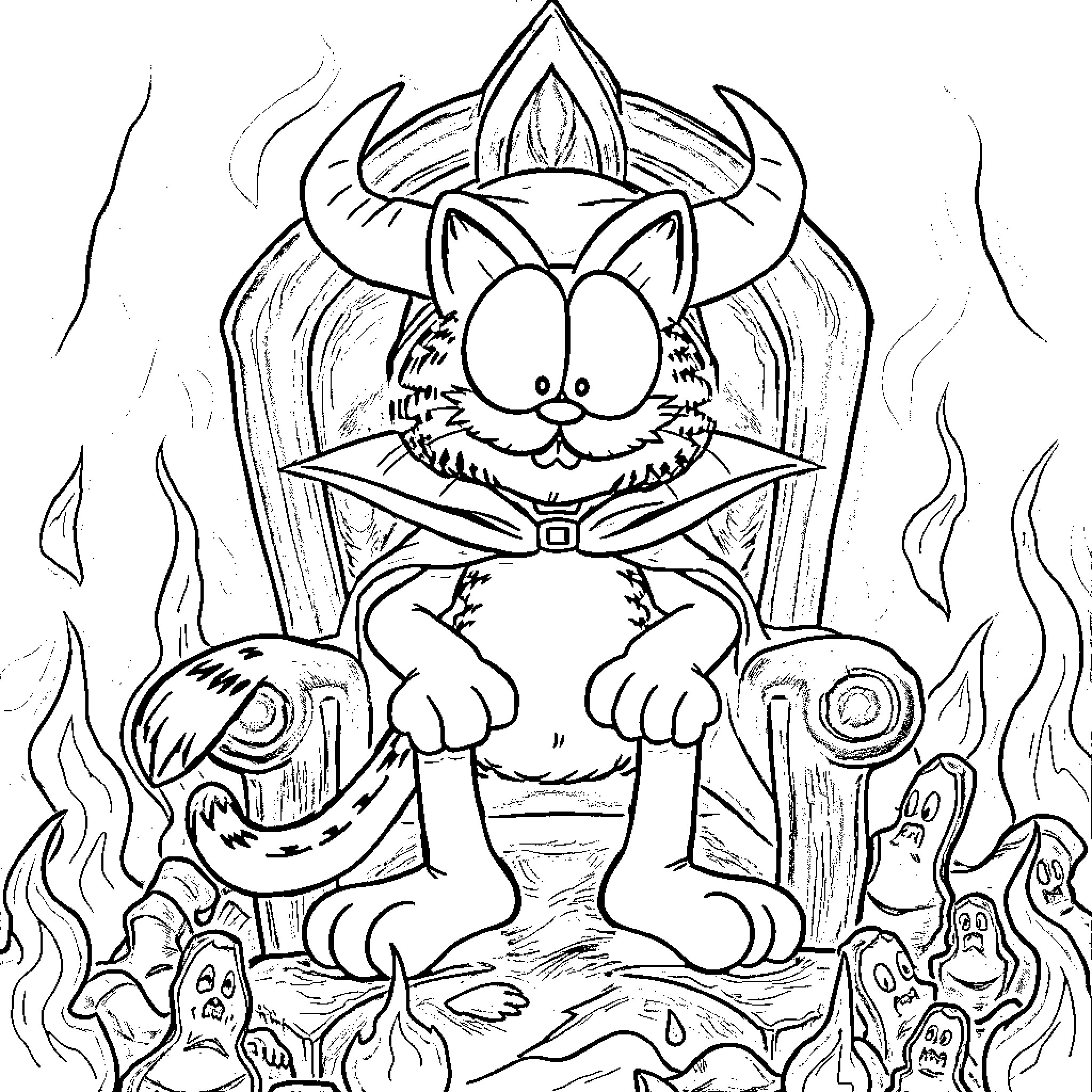 Garfield the Fearless Feline on Throne Coloring Page (free black-and-white line drawing printable PDF for all, from beginners to advanced learners, including children, teens, adults, and seniors)
