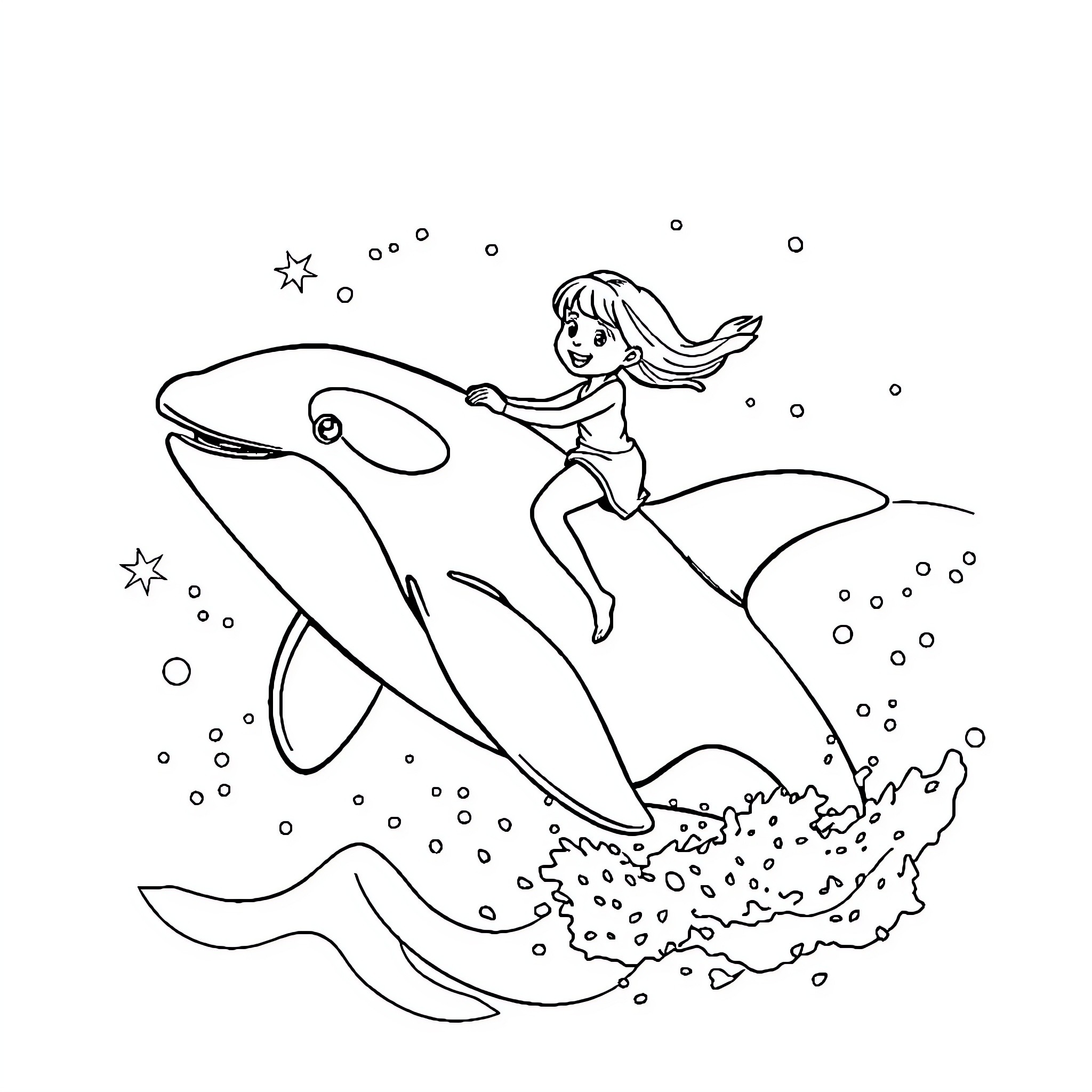 Girl swimming with friendly whale in the ocean Coloring Page (free black-and-white line drawing printable PDF for all, from beginners to advanced learners, including children, teens, adults, and seniors)