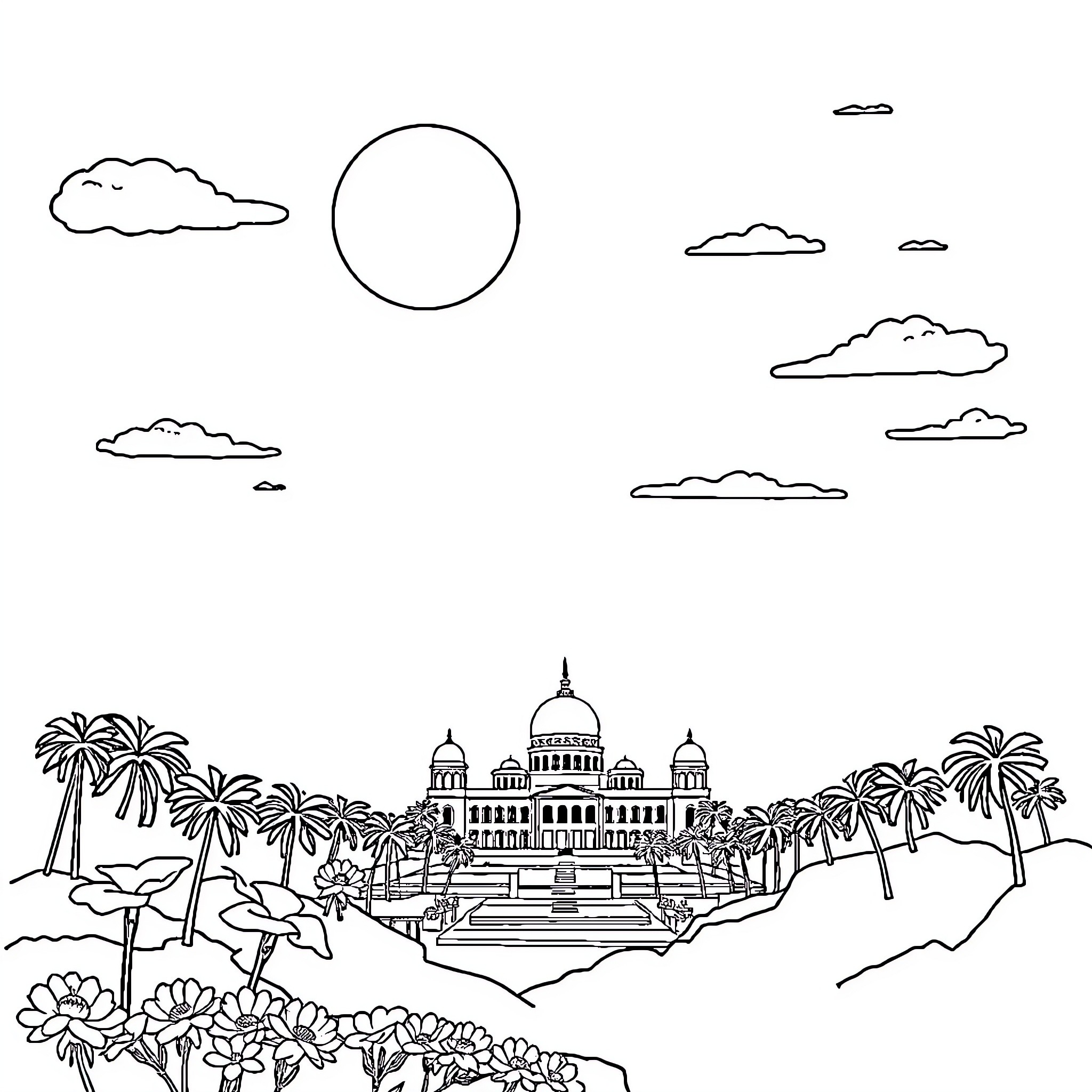 Indonesia's Scenic Landscape with Iconic Architecture Coloring Page (free black-and-white line drawing printable PDF for all, from beginners to advanced learners, including children, teens, adults, and seniors)
