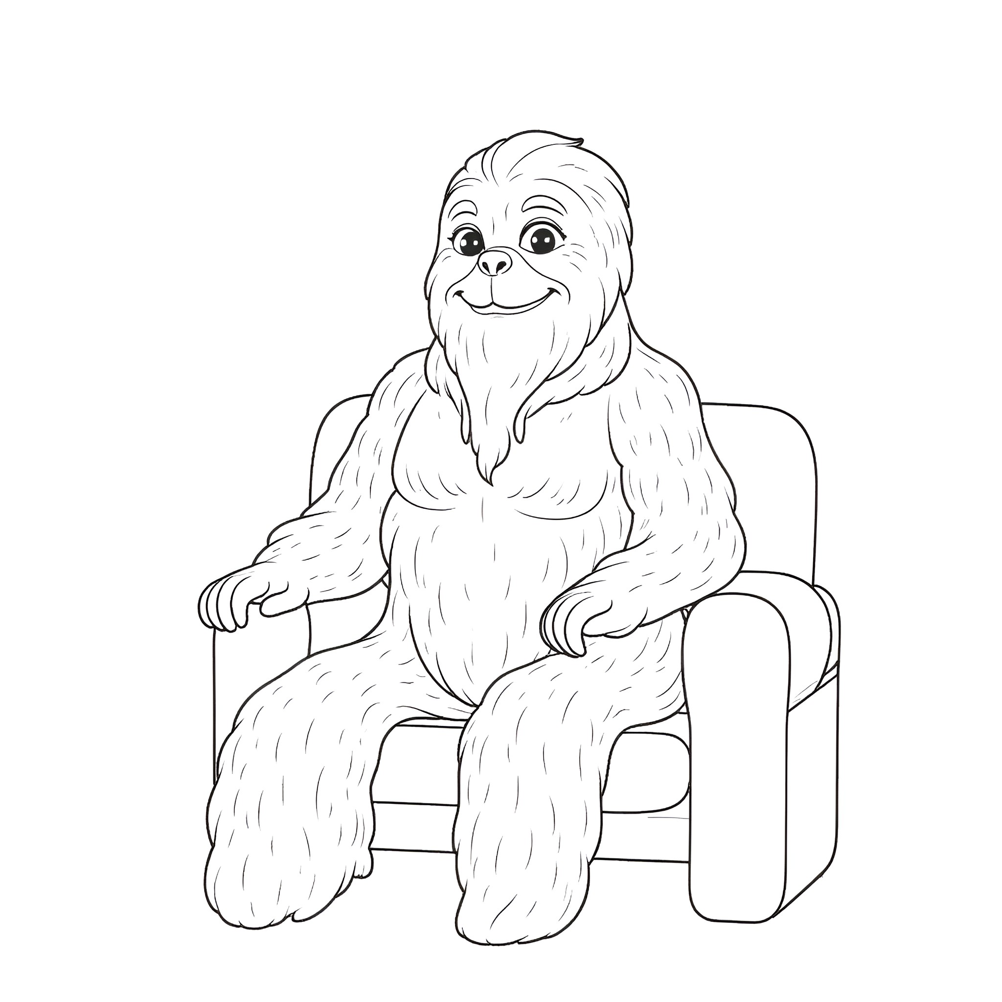 Wookie relaxing comfortably in chair Coloring Page (free black-and-white line drawing printable PDF for all, from beginners to advanced learners, including children, teens, adults, and seniors)