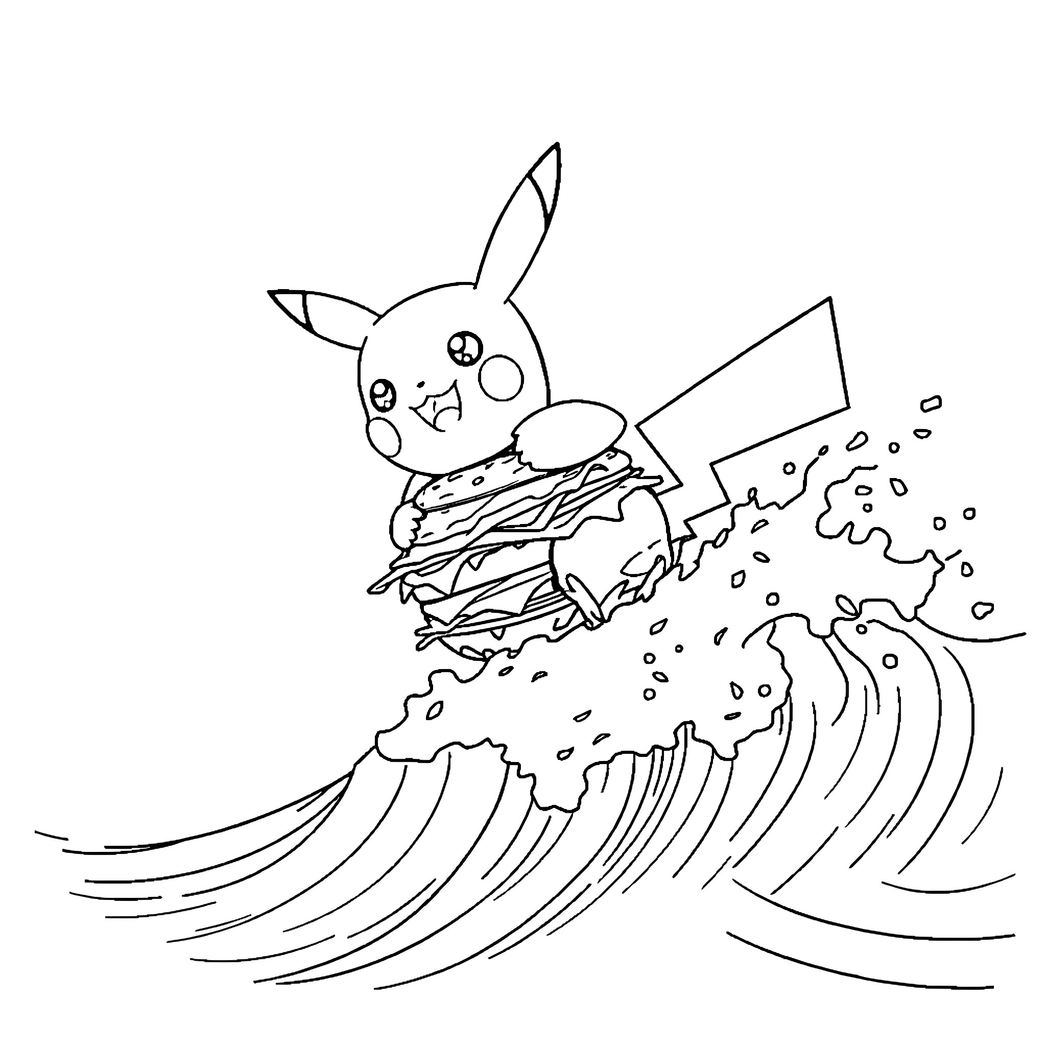 Pikachu riding a giant burger wave Coloring Page (free black-and-white line drawing printable PDF for all, from beginners to advanced learners, including children, teens, adults, and seniors)