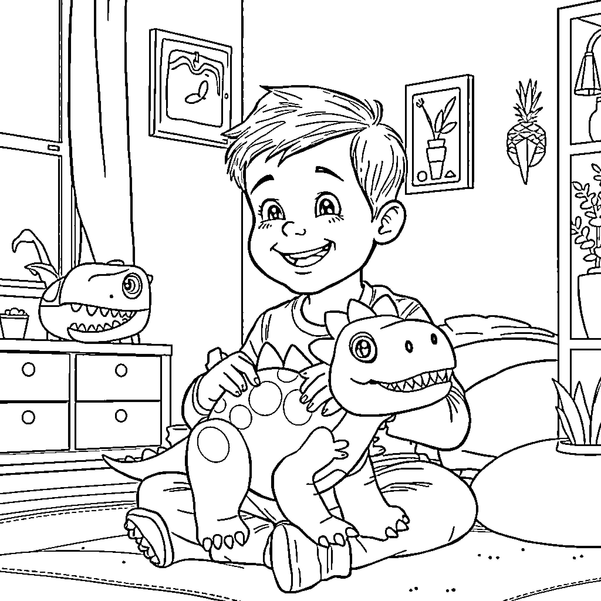 Dinosaur Toy Playtime with Smiling Boy Coloring Page (free black-and-white line drawing printable PDF for all, from beginners to advanced learners, including children, teens, adults, and seniors)